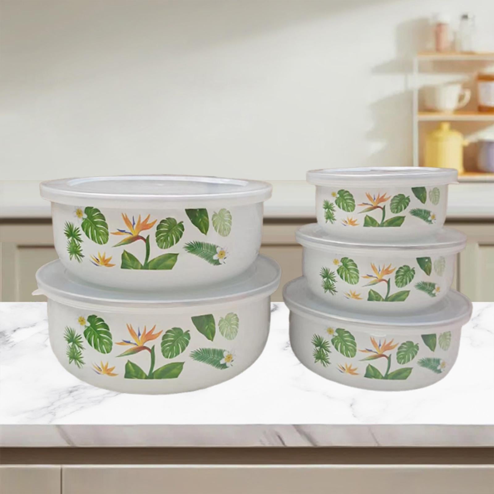 5 Pieces Enamel Bowls with Lids Nesting Bowls Set for Prepping Biscuits Rice Green