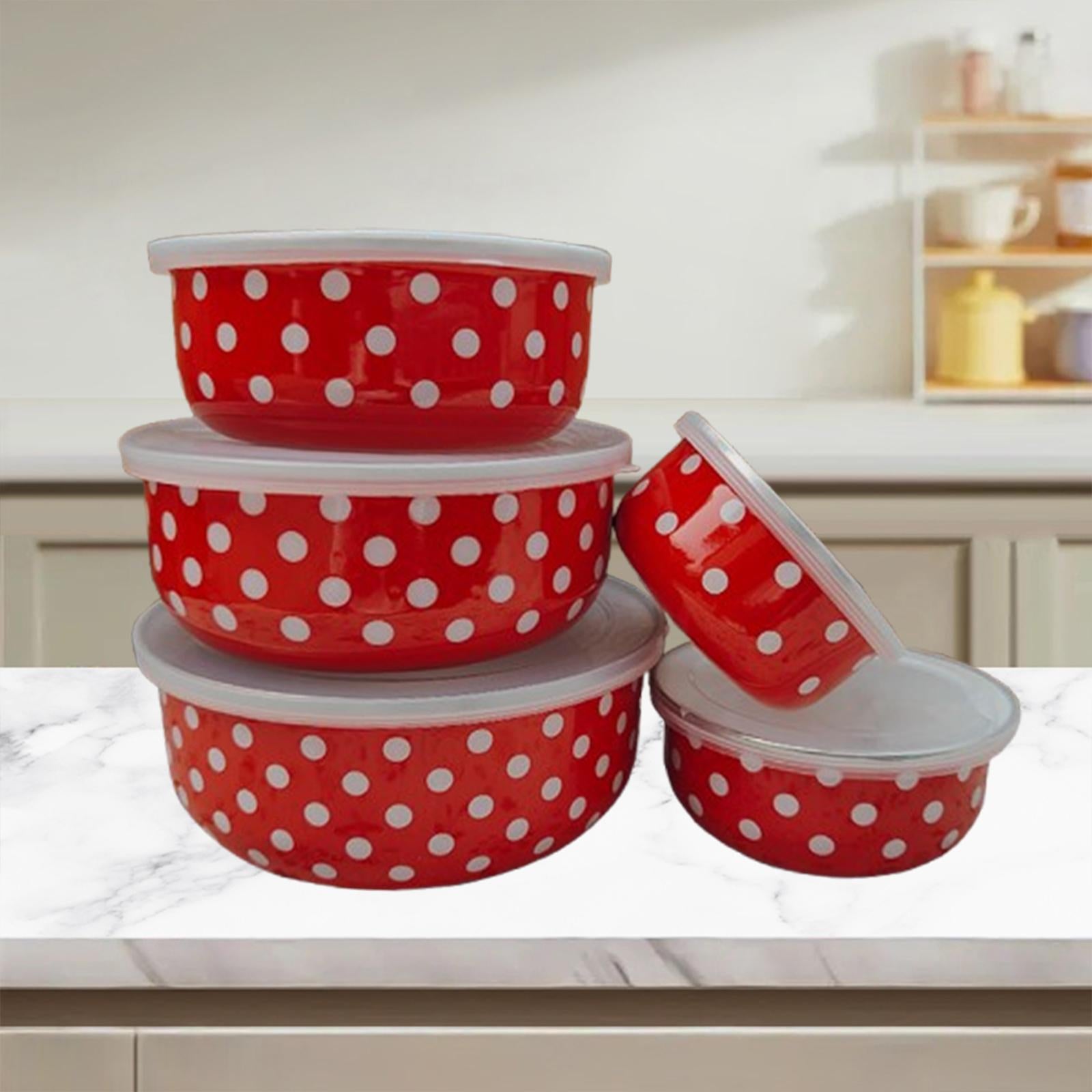 5 Pieces Enamel Bowls with Lids Nesting Bowls Set for Prepping Biscuits Rice Red