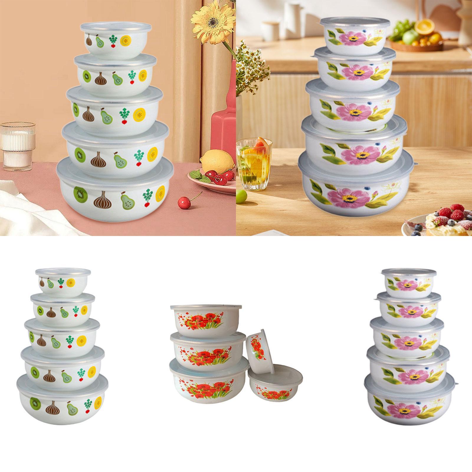 5x Enamel Bowls Baking Cooking Dinnerware Prep Bowls for Soup Sealed Noodles Style A