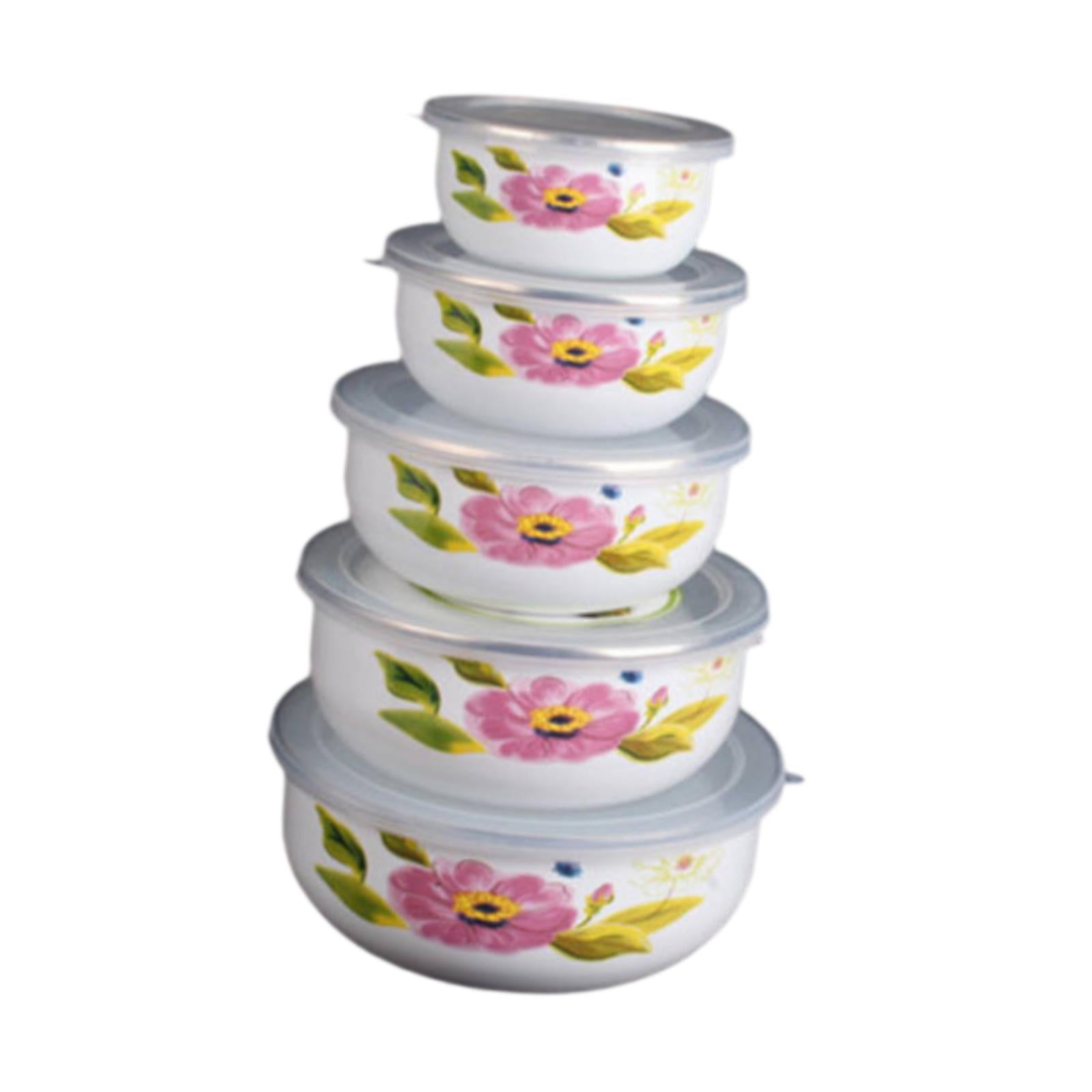5x Enamel Bowls Baking Cooking Dinnerware Prep Bowls for Soup Sealed Noodles Style C