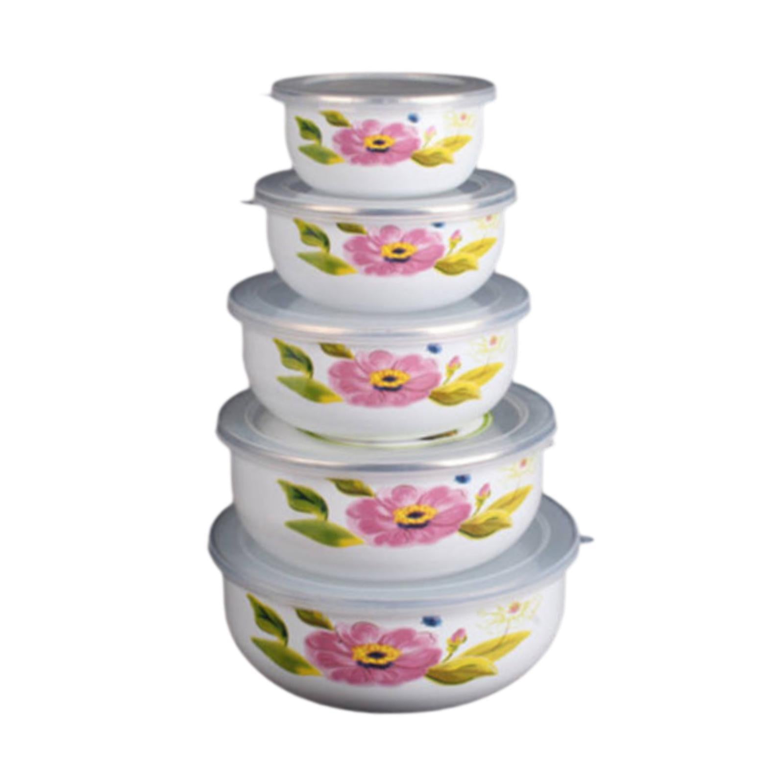 5x Enamel Bowls Baking Cooking Dinnerware Prep Bowls for Soup Sealed Noodles Style C