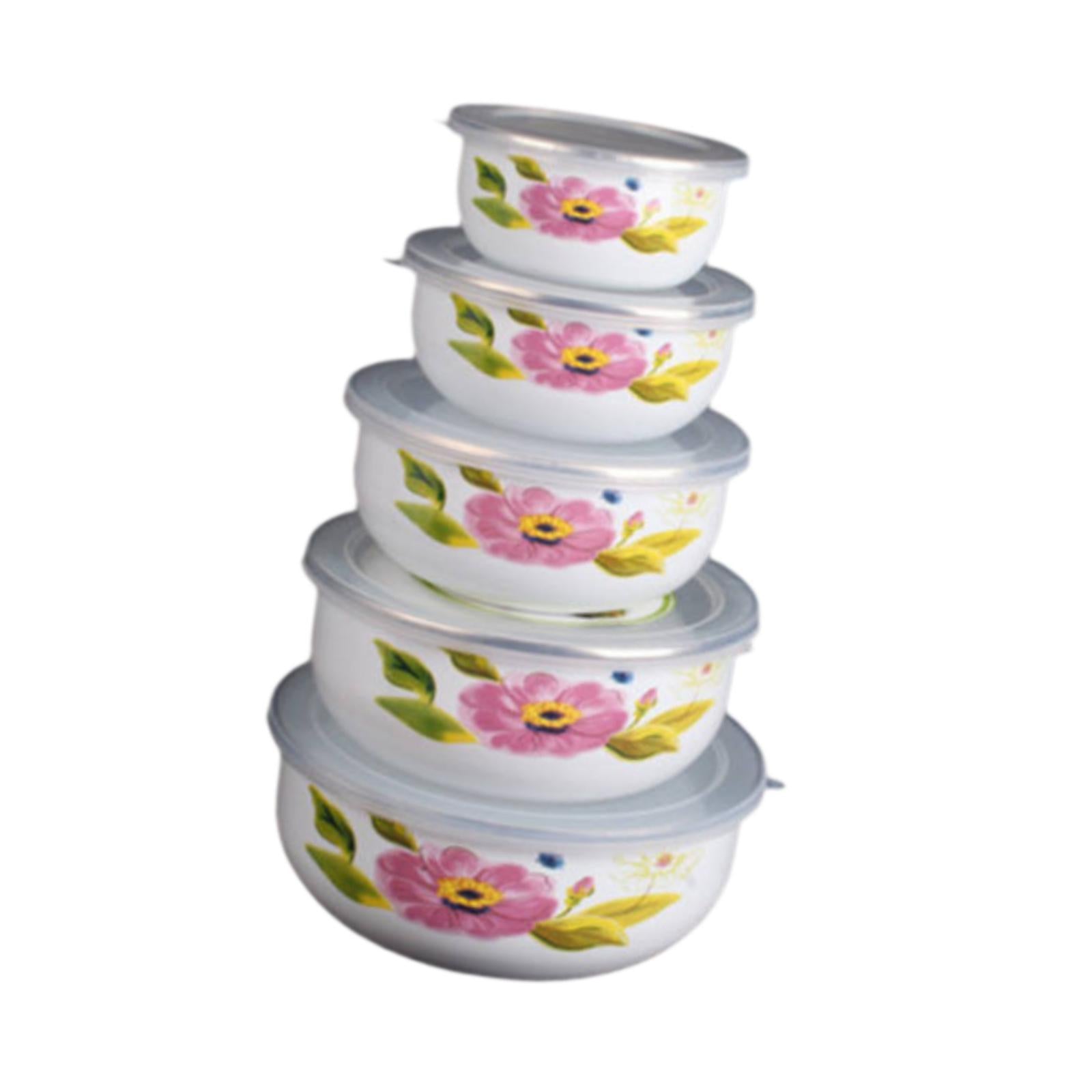 5x Enamel Bowls Baking Cooking Dinnerware Prep Bowls for Soup Sealed Noodles Style C