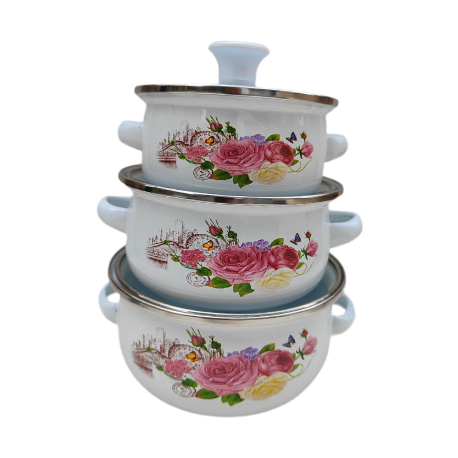 3Pcs Enamel Stockpot Enamelware Cookware Set for Induction Cookers Gas Stove B