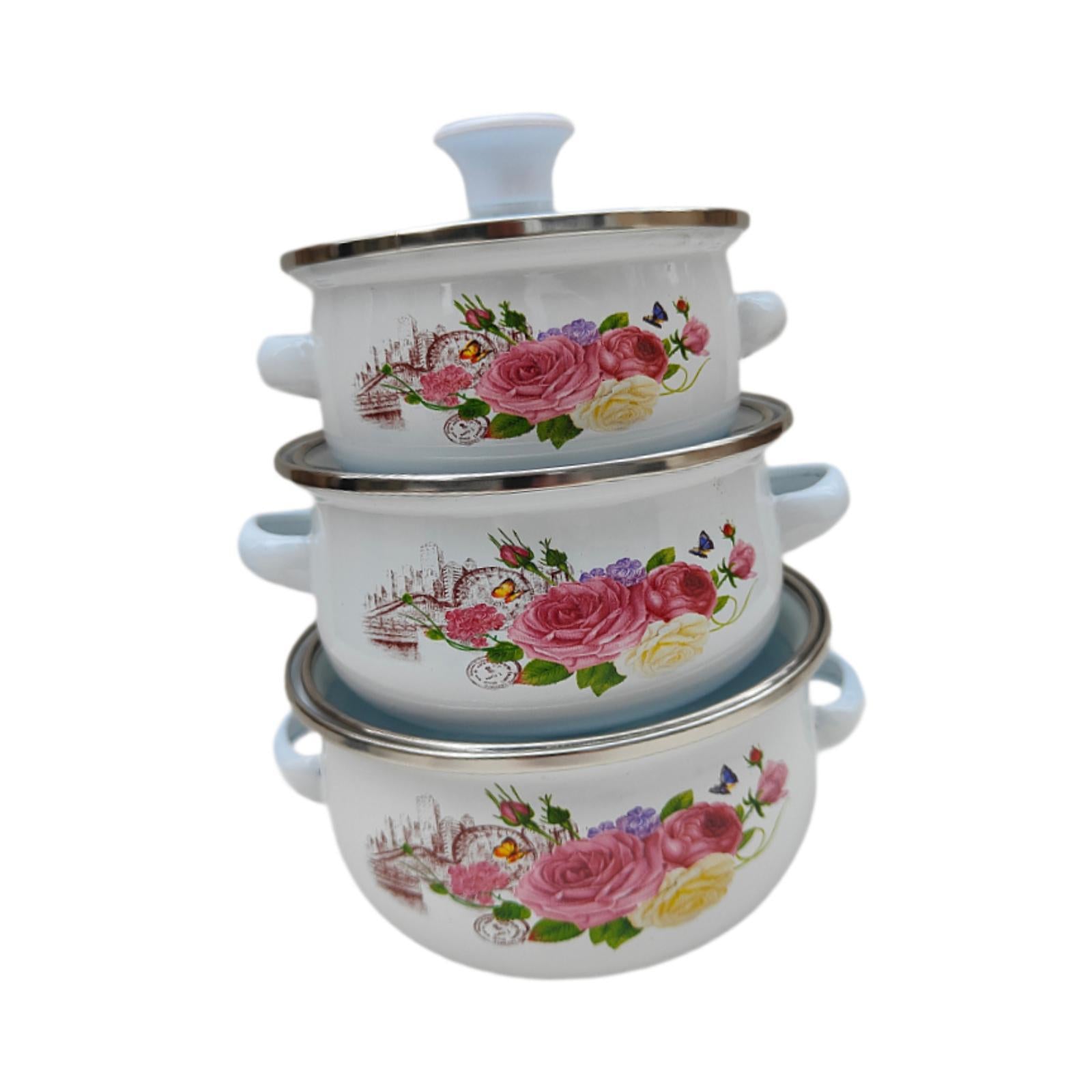 3Pcs Enamel Stockpot Enamelware Cookware Set for Induction Cookers Gas Stove B