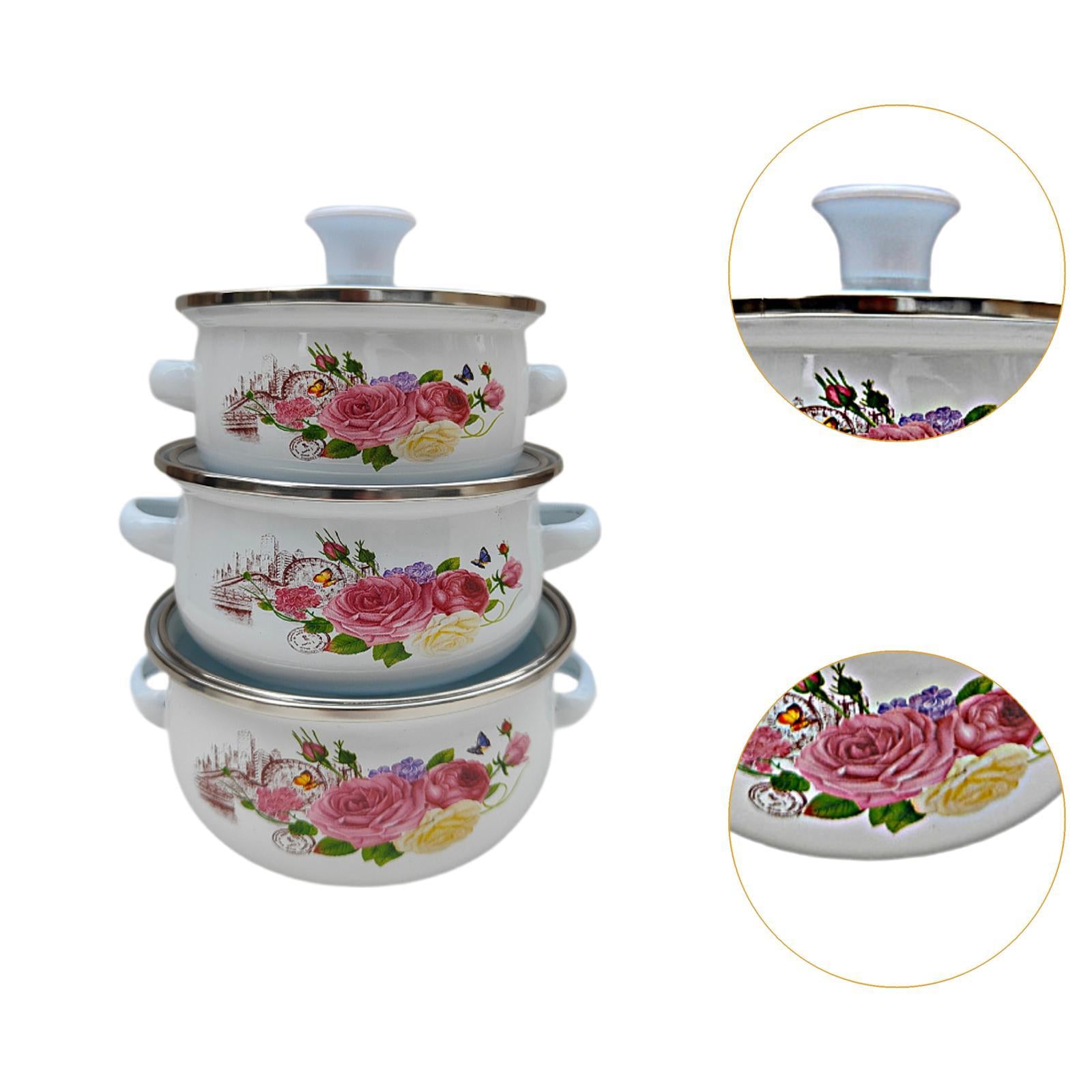 3Pcs Enamel Stockpot Enamelware Cookware Set for Induction Cookers Gas Stove B