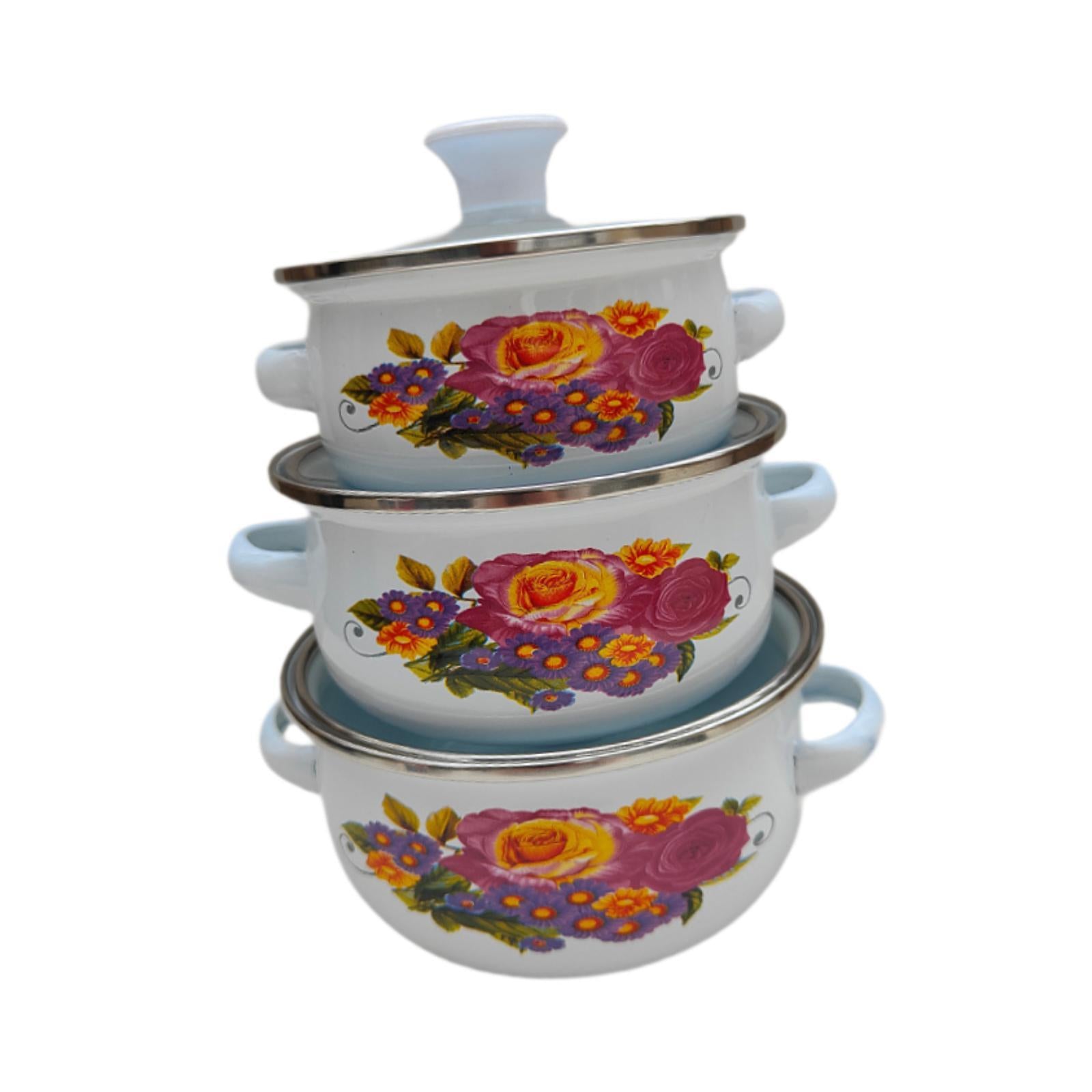 3Pcs Enamel Stockpot Enamelware Cookware Set for Induction Cookers Gas Stove D