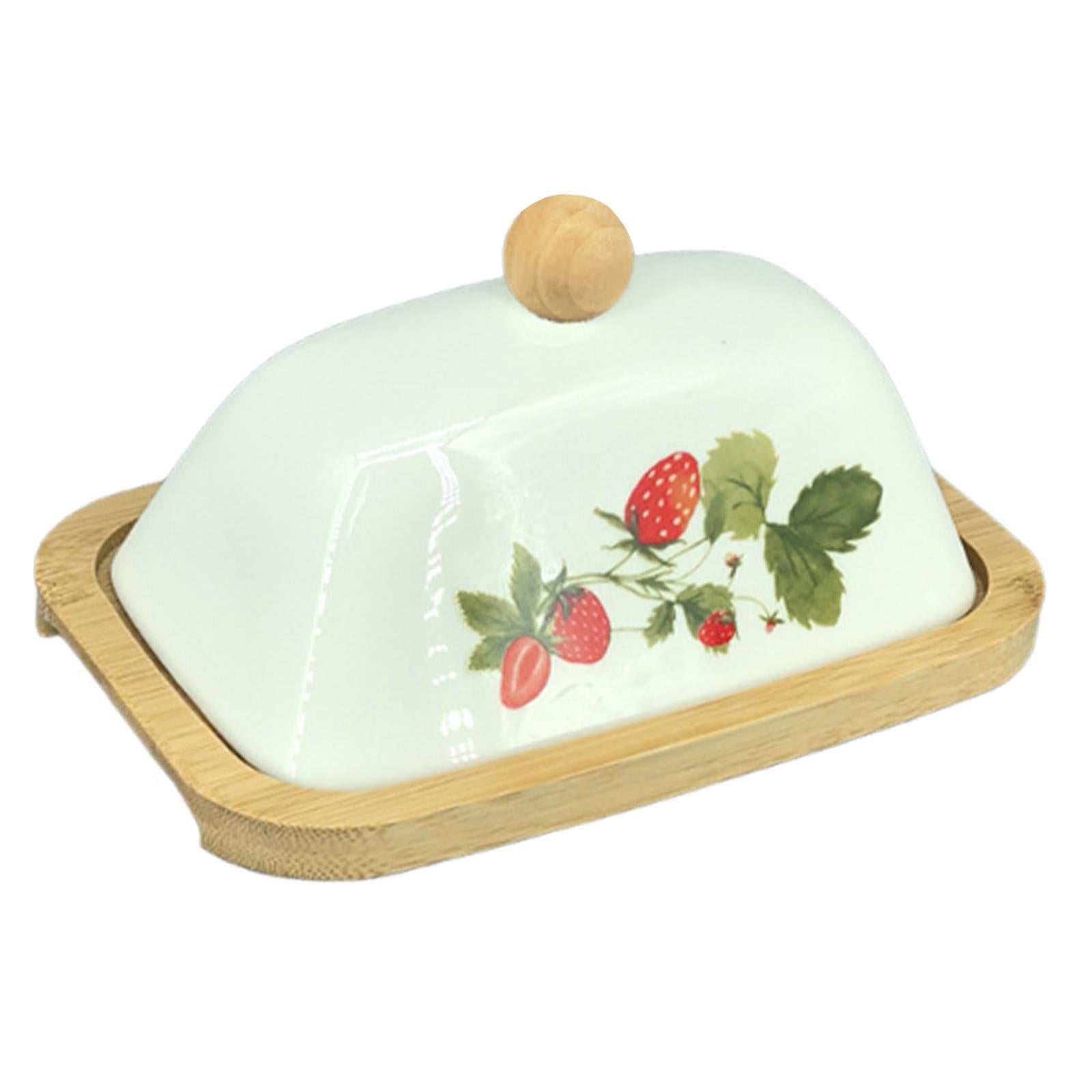 Ceramic Butter Dish Multifunctional Butter Plate for Home Countertop Freezer Strawberry pattern