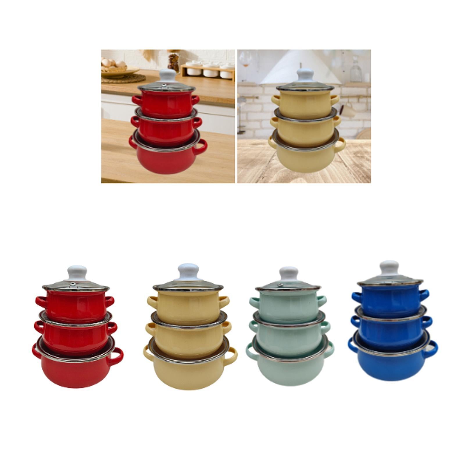 3x Enamel Cooking Pots Kitchen Enamel Stockpot with Lid Cooking Pot with Lid red