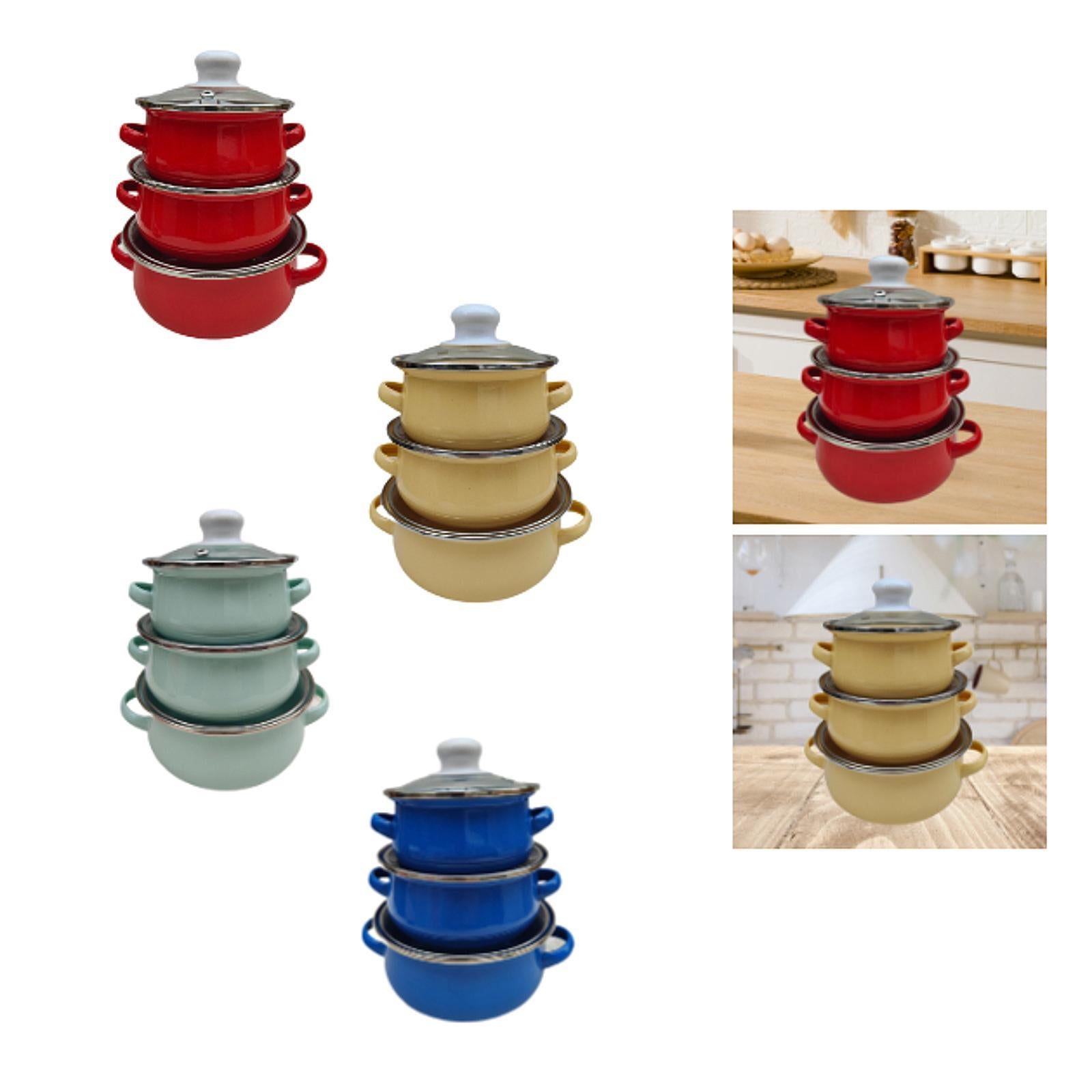 3x Enamel Cooking Pots Kitchen Enamel Stockpot with Lid Cooking Pot with Lid red