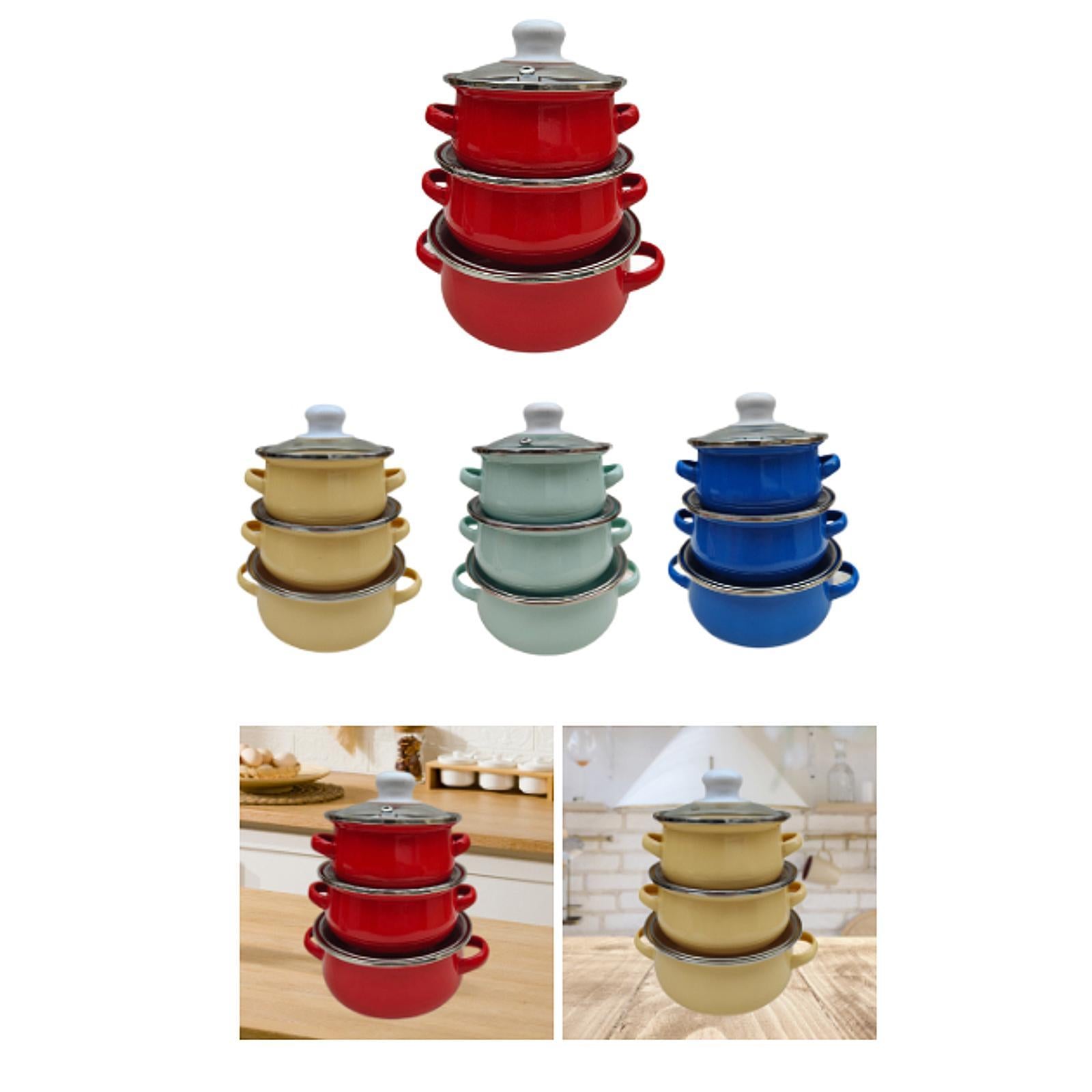 3x Enamel Cooking Pots Kitchen Enamel Stockpot with Lid Cooking Pot with Lid red