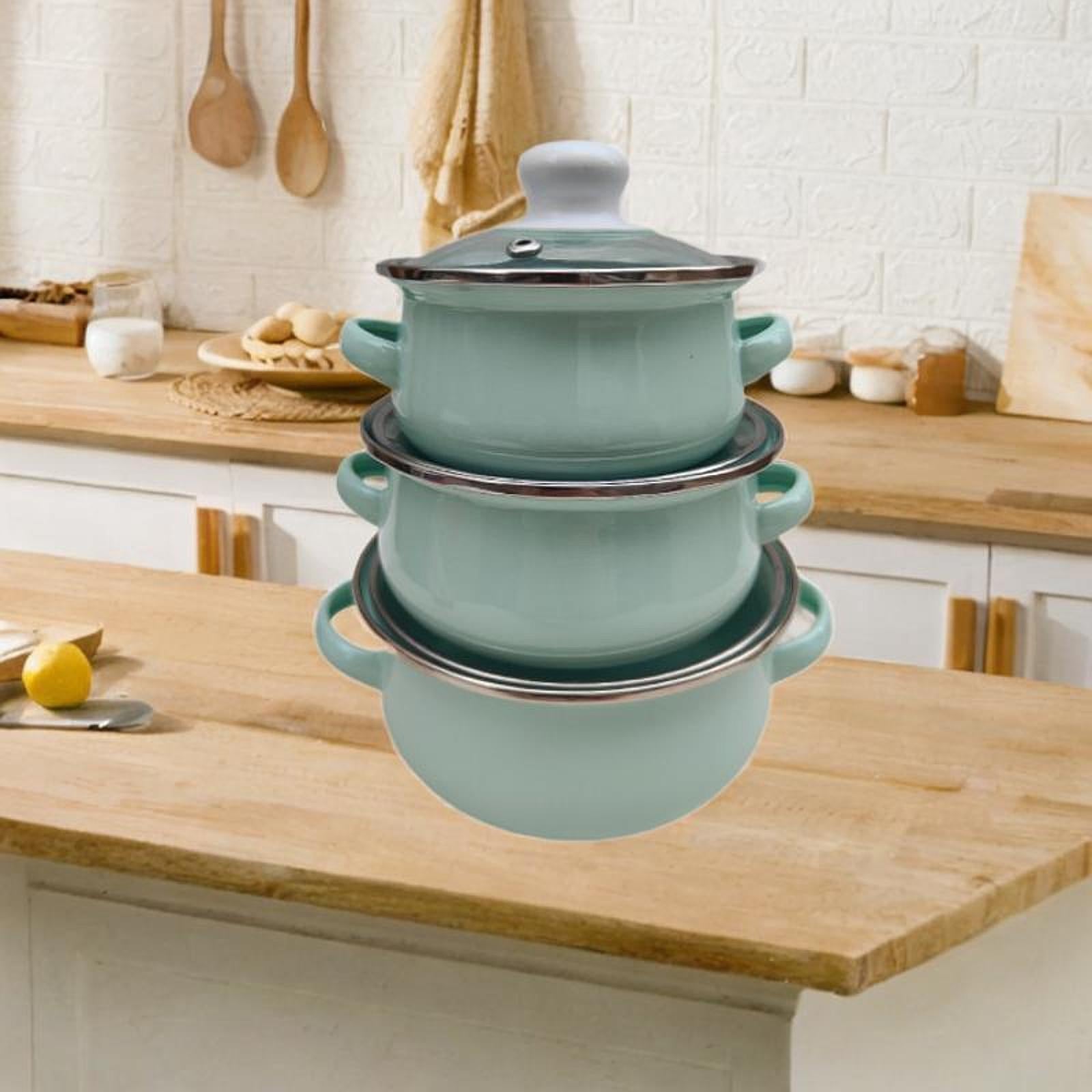 3x Enamel Cooking Pots Kitchen Enamel Stockpot with Lid Cooking Pot with Lid light blue