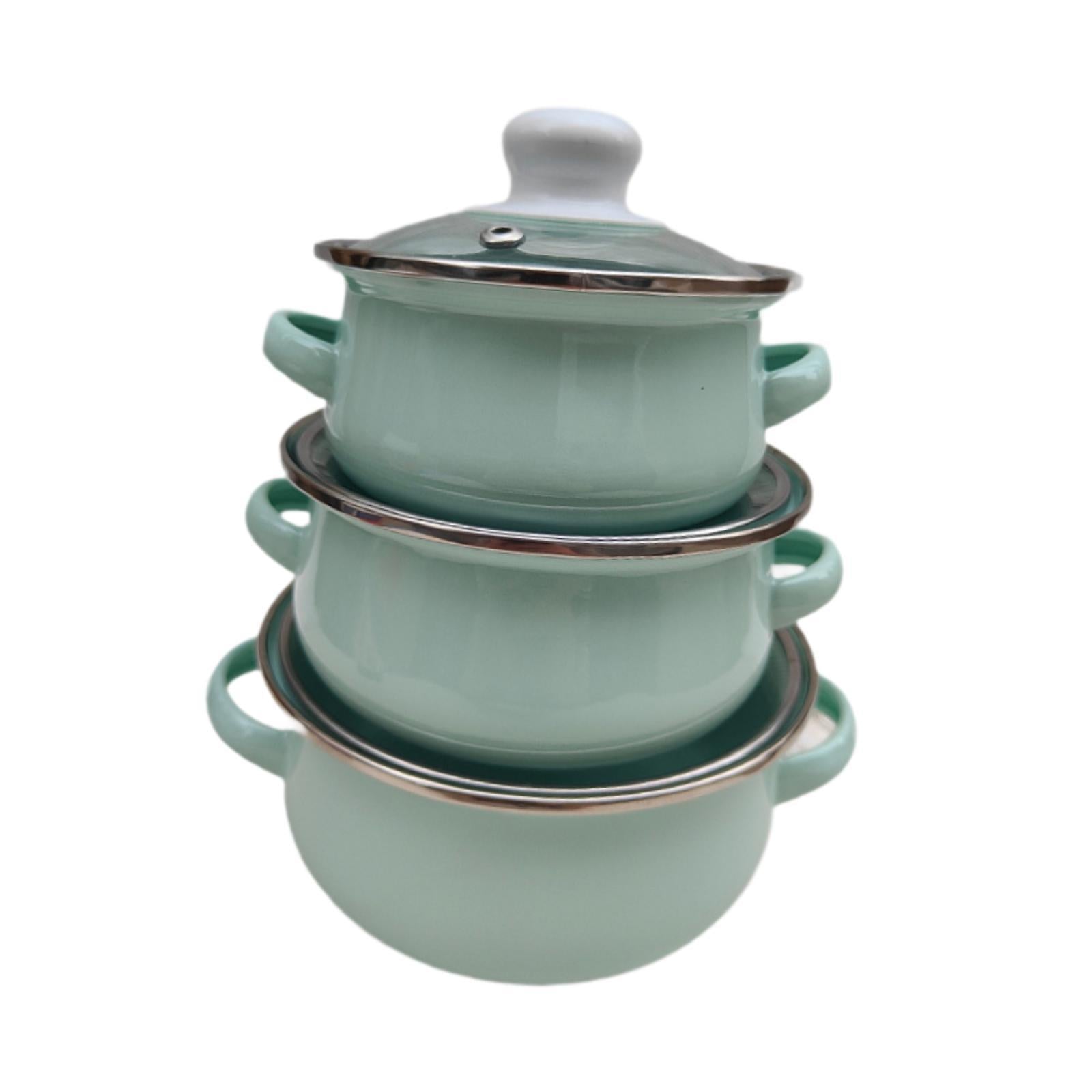 3x Enamel Cooking Pots Kitchen Enamel Stockpot with Lid Cooking Pot with Lid light blue