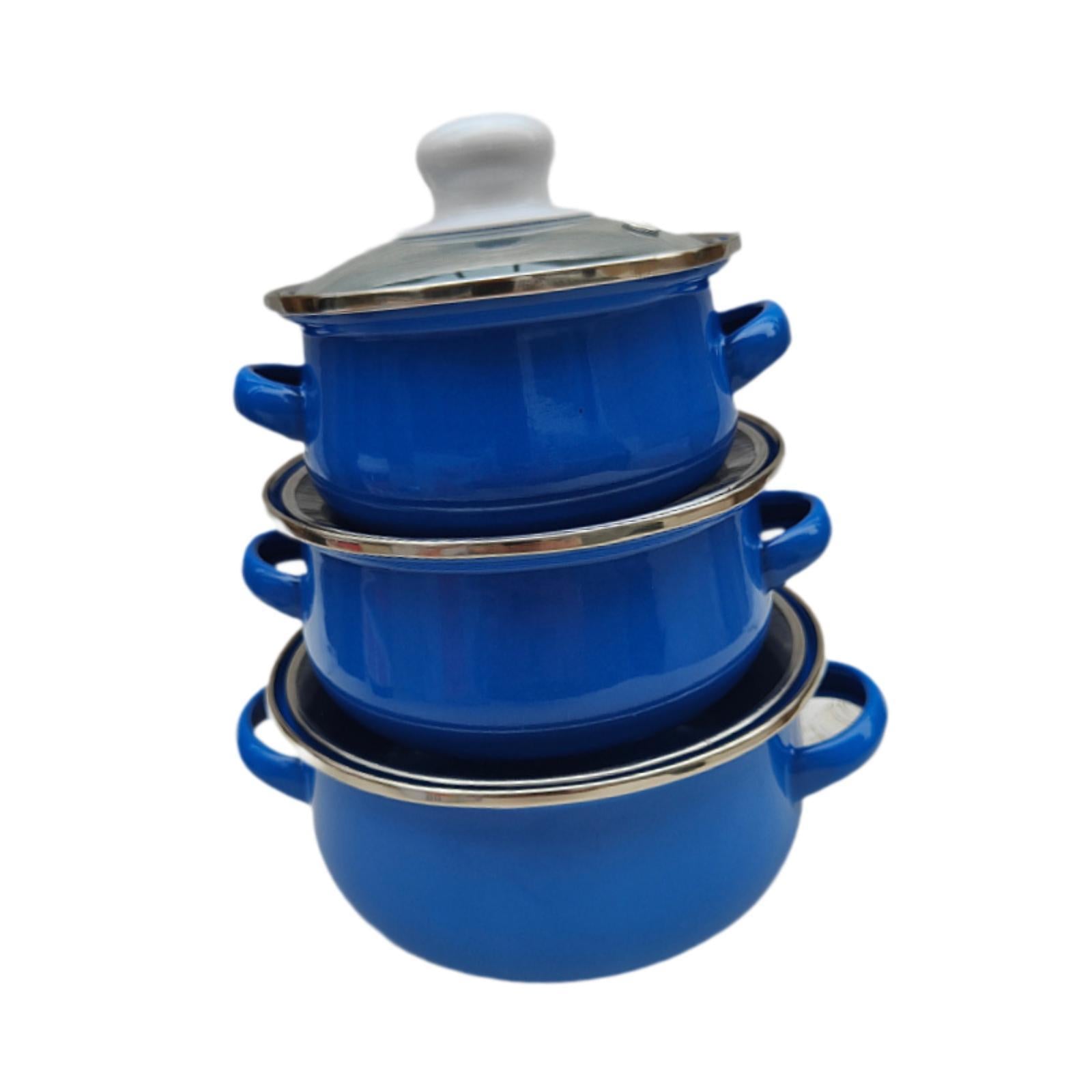 3x Enamel Cooking Pots Kitchen Enamel Stockpot with Lid Cooking Pot with Lid dark blue