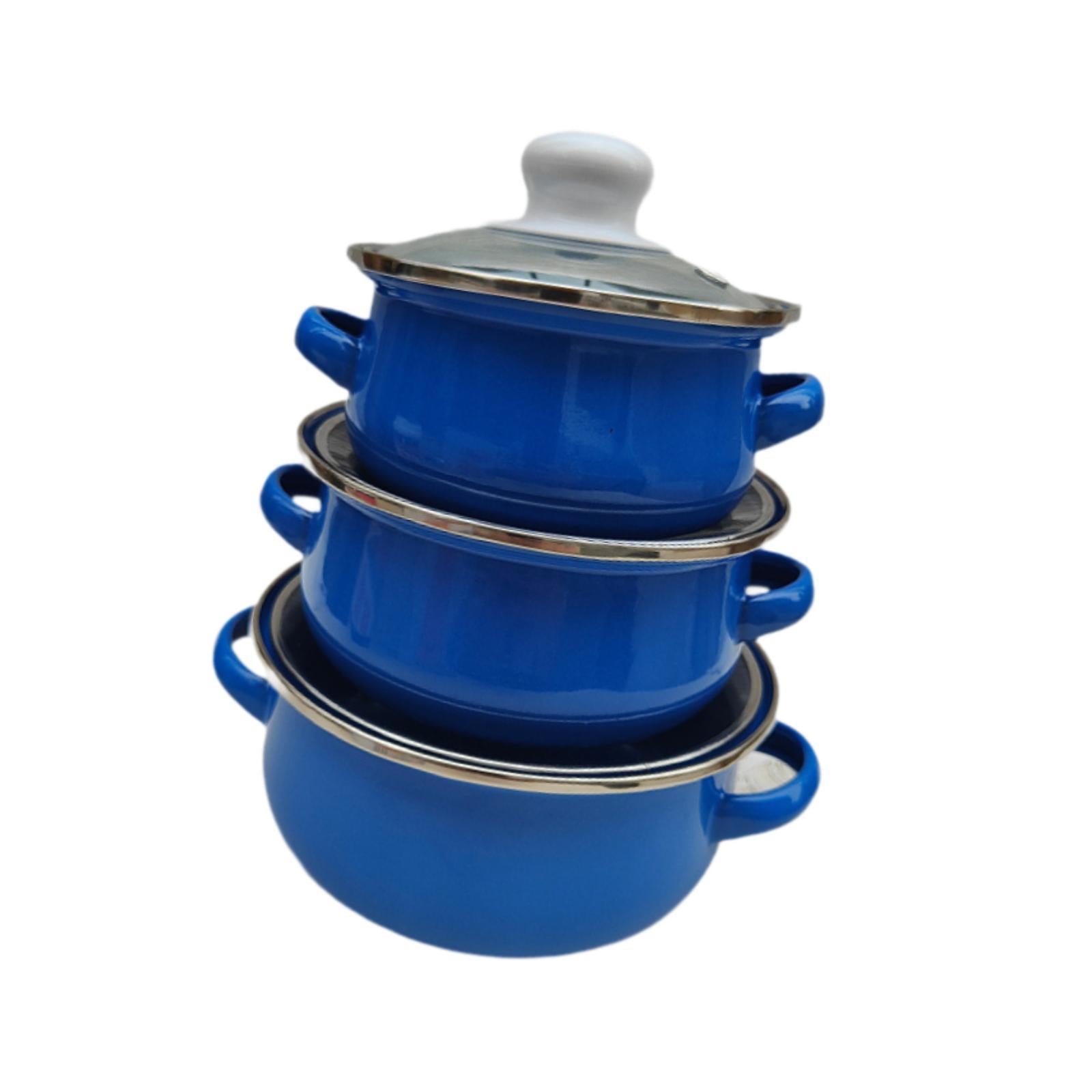 3x Enamel Cooking Pots Kitchen Enamel Stockpot with Lid Cooking Pot with Lid dark blue