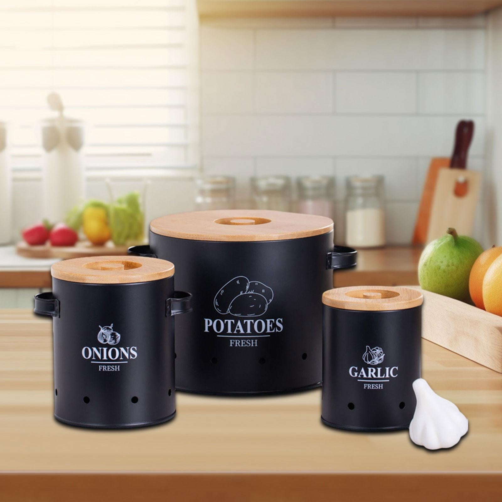 3 Pieces Potato Onion Garlic Kitchen Storage Canister for Countertop Camping Black