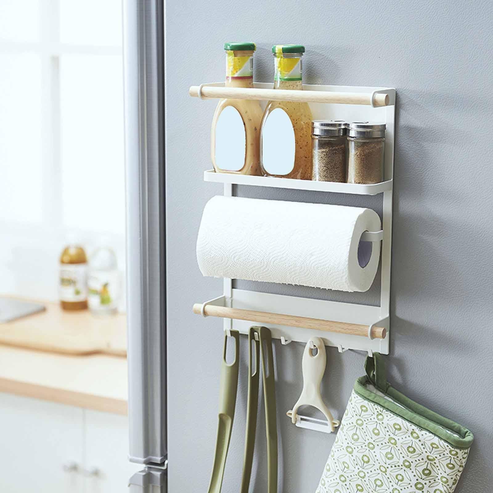 Refrigerator Organizer Versatile with Paper Towel Holder Magnetic Spice Rack White
