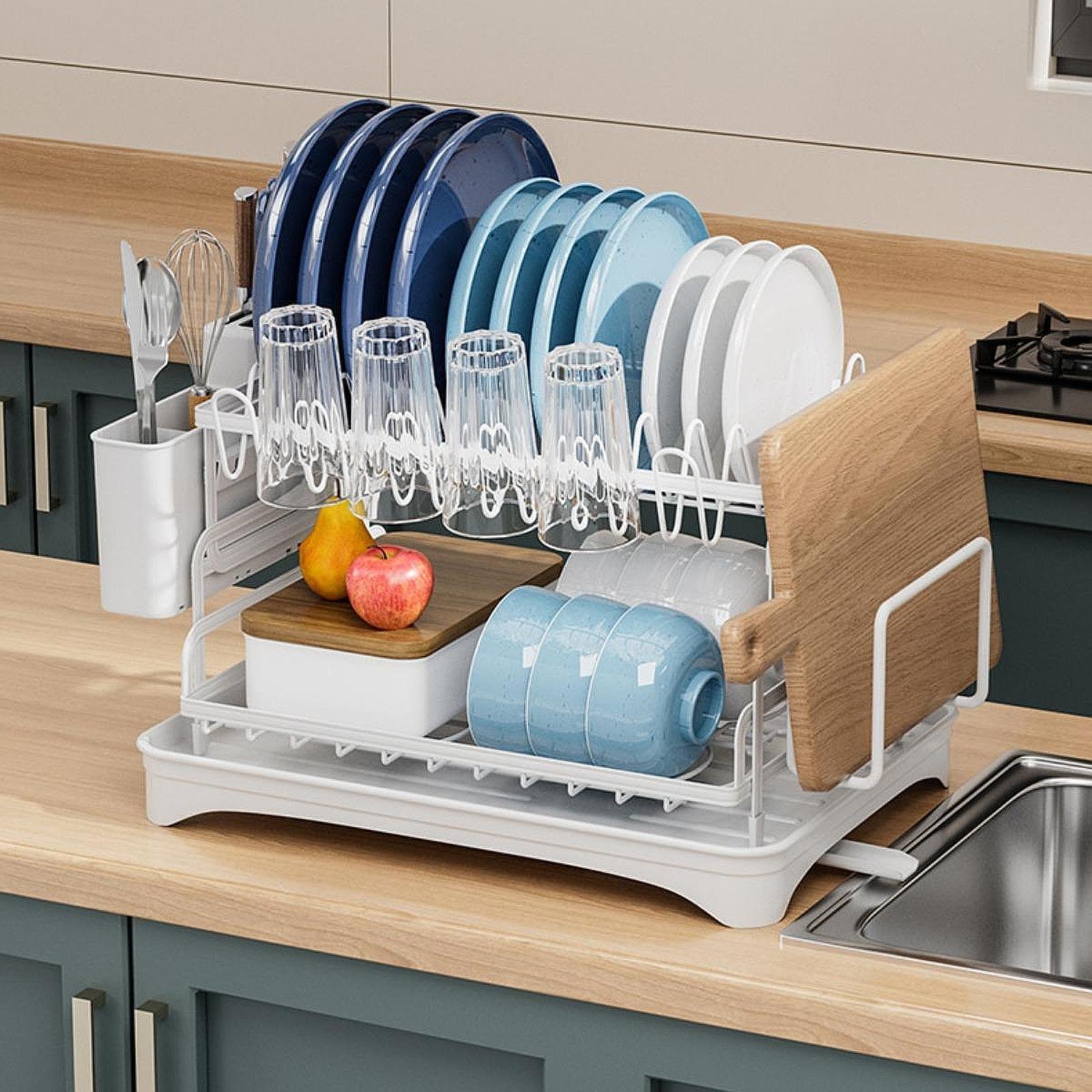 2 Tiers Dish Drainer Rack Household Cutlery Holder for Restaurant Hotel Bar White
