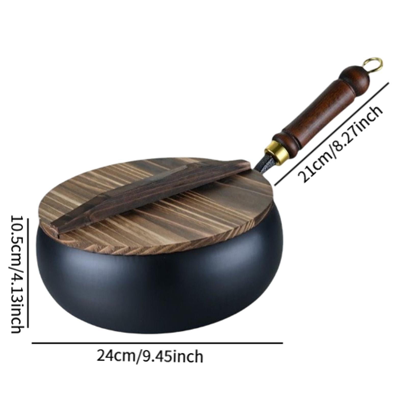 Iron Wok Household No Coating Home with Wood Handle Flat Bottom Stir Fry Pan 24cm