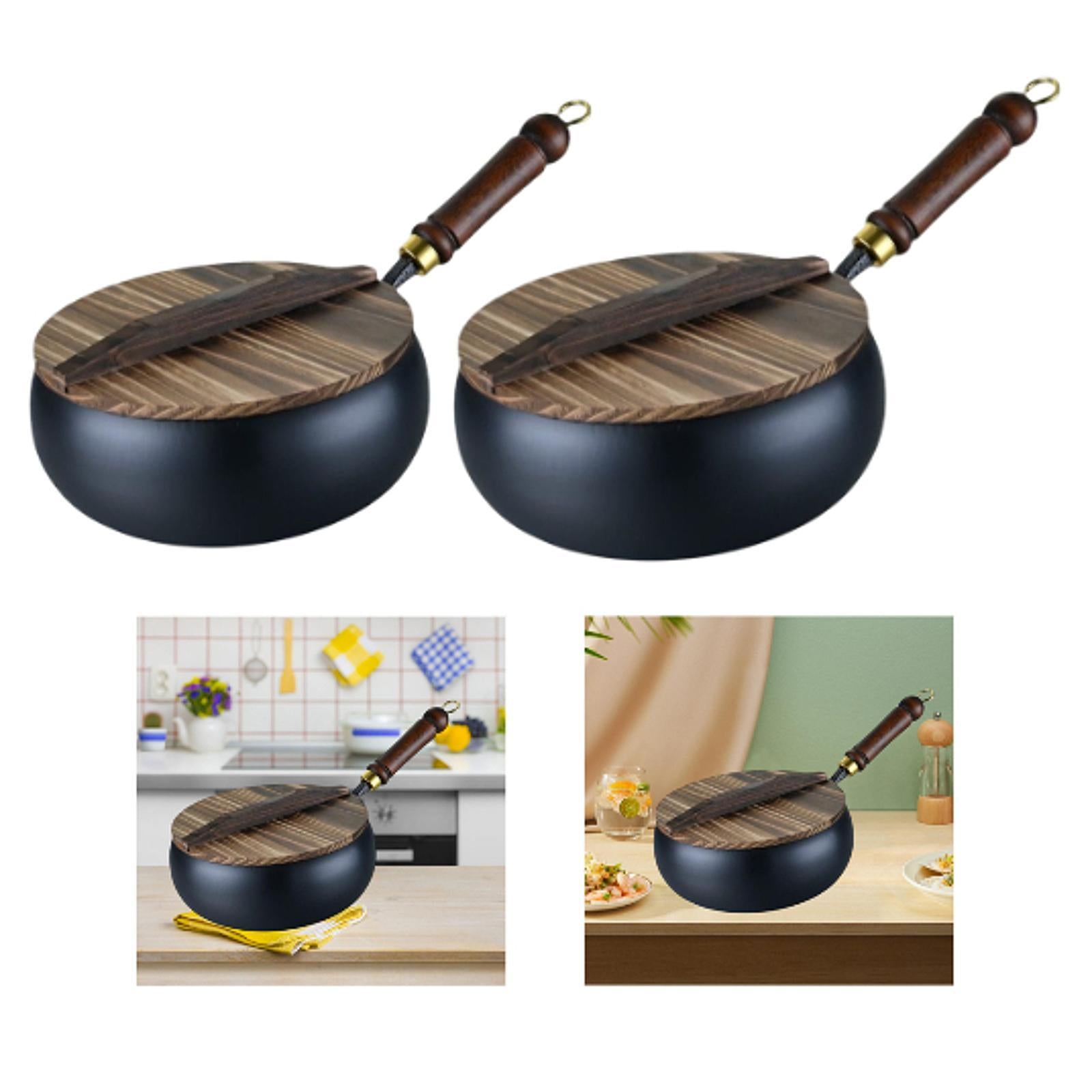 Iron Wok Household No Coating Home with Wood Handle Flat Bottom Stir Fry Pan 24cm