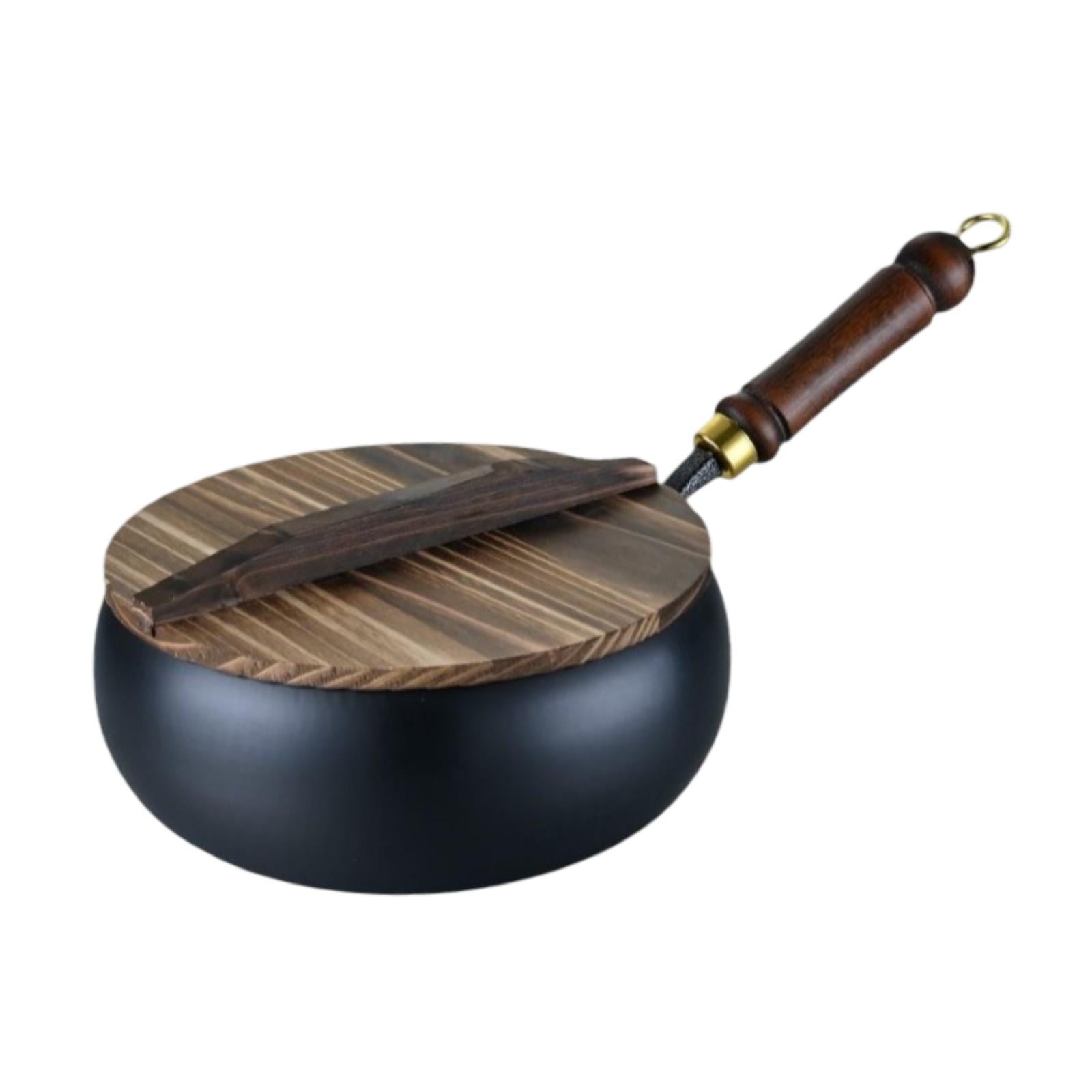Iron Wok Household No Coating Home with Wood Handle Flat Bottom Stir Fry Pan 28cm