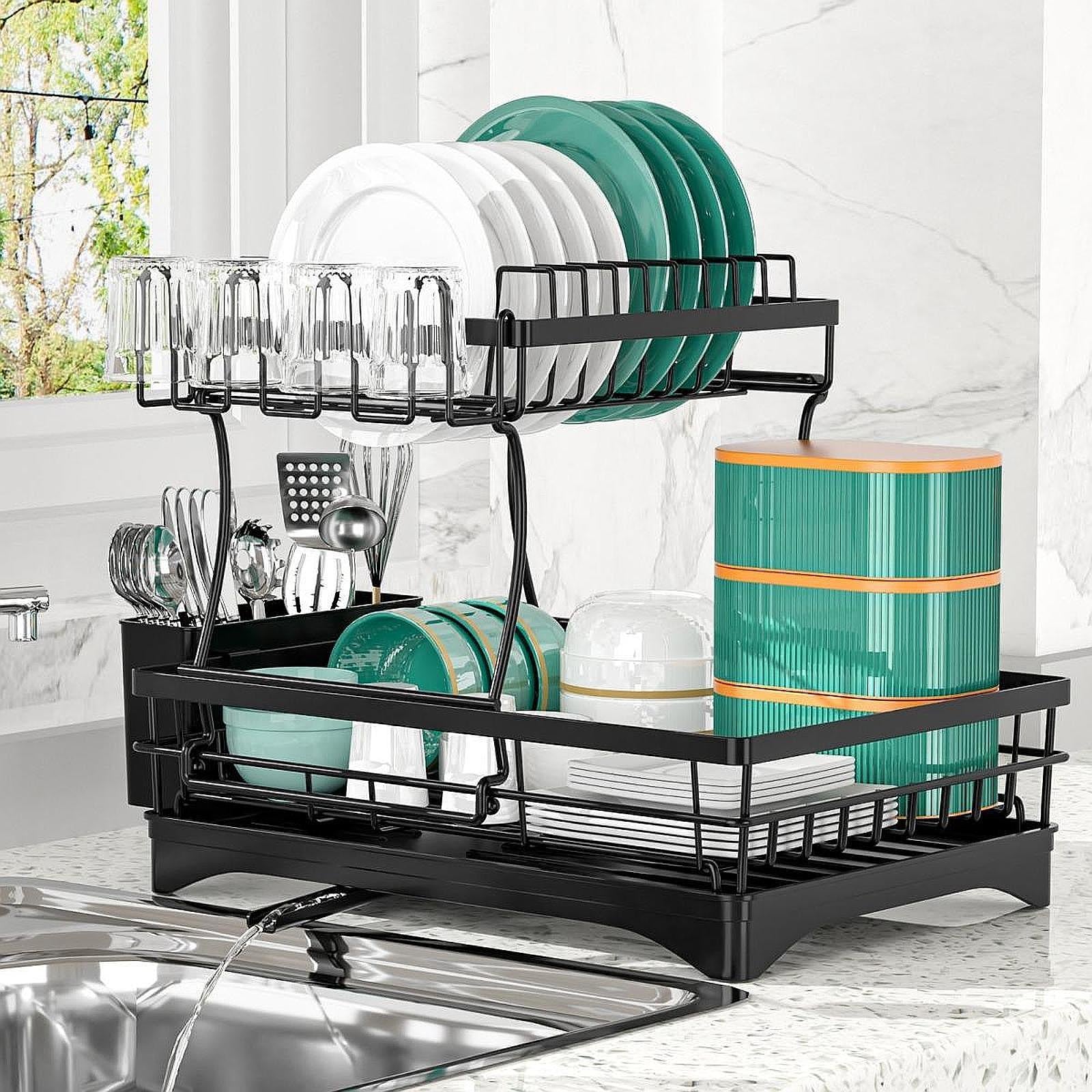 Dish Drainer Rack 2 Tiers with Tableware Drainboard for Hotel Household Cafe