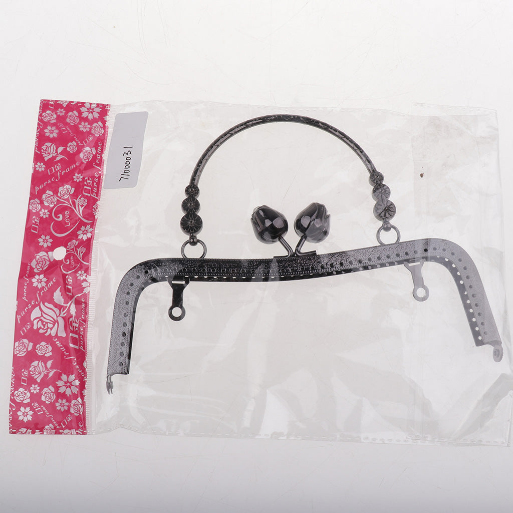 Metal Purse Bag Frame Kiss Clasp Lock with Handle DIY Crafts 20cm Black