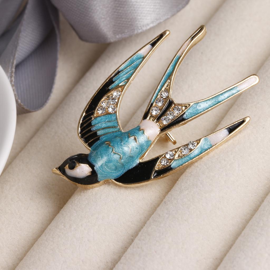 Women Jewelry Rhinestone Swallow Animal Brooch Corsage Collar Pin light blue