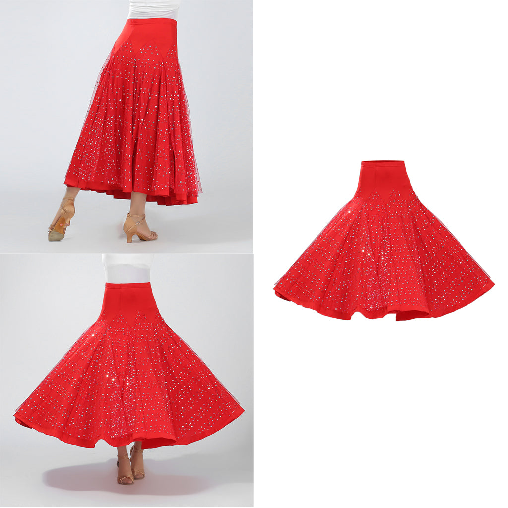 Flamenco Ballroom Dance Costume Waltz Sequined Long Skirt Dress Red