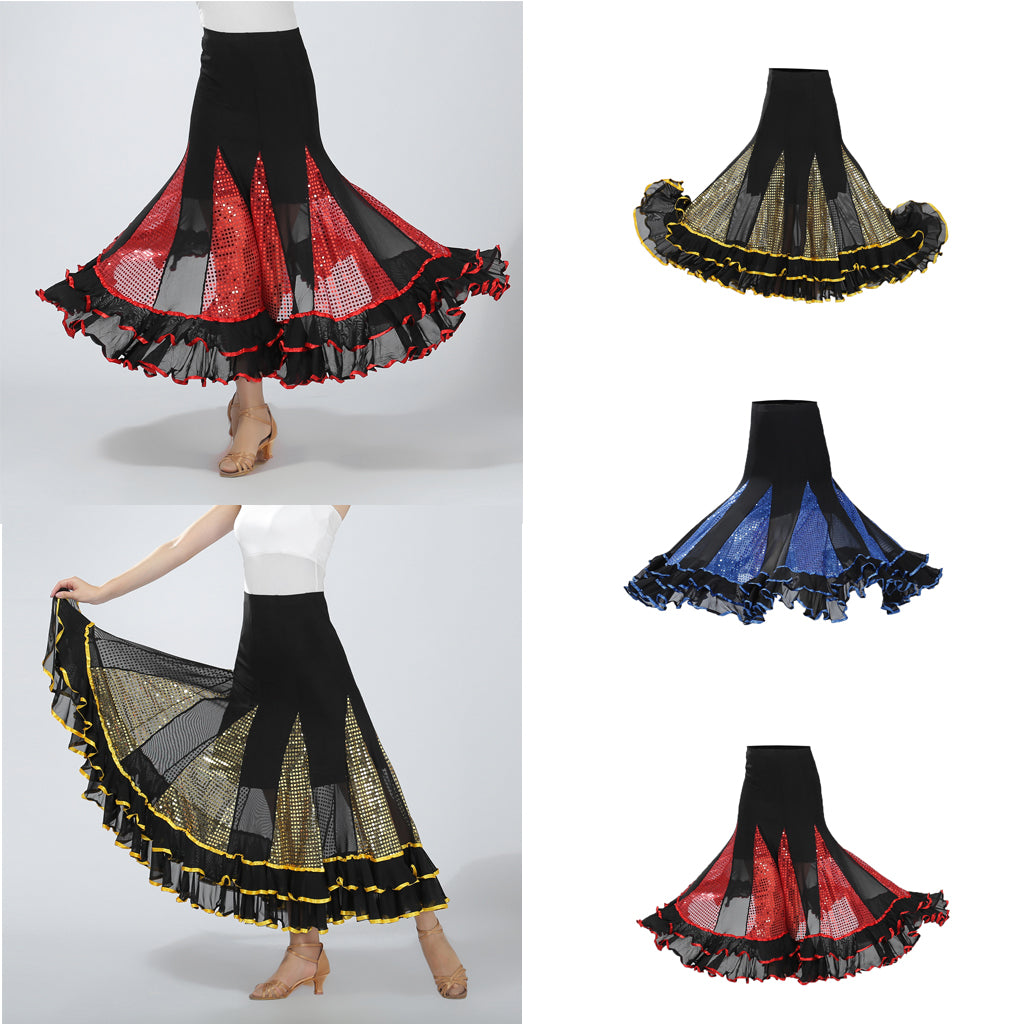Flamenco Ballroom Dance Skirt Sequined Modern Costume Dress Black Gold