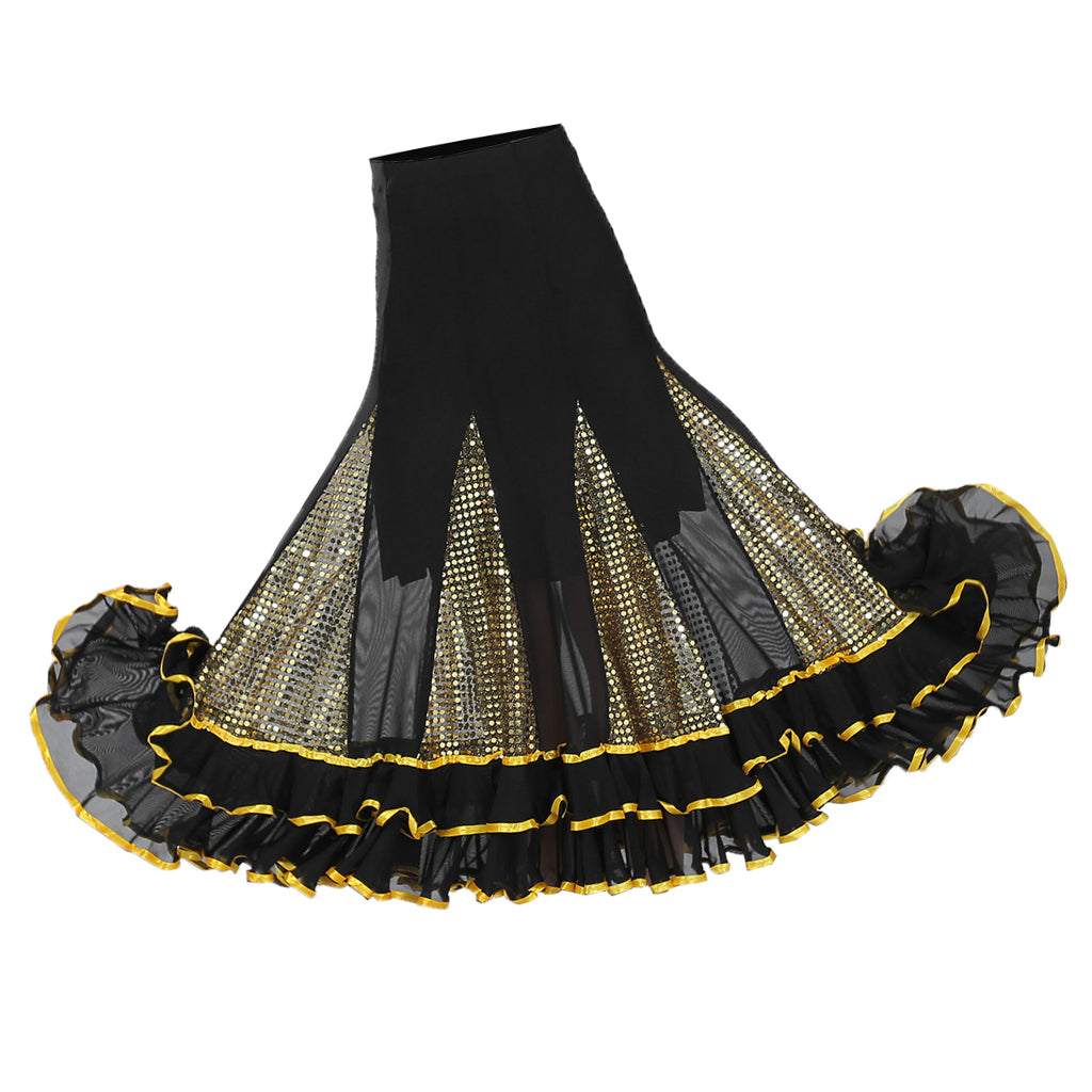 Flamenco Ballroom Dance Skirt Sequined Modern Costume Dress Black Gold