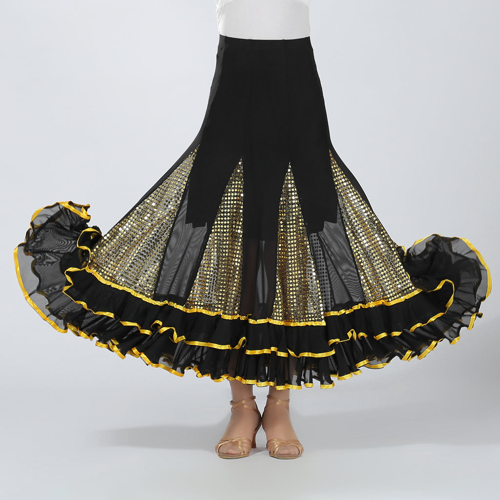 Flamenco Ballroom Dance Skirt Sequined Modern Costume Dress Black Gold