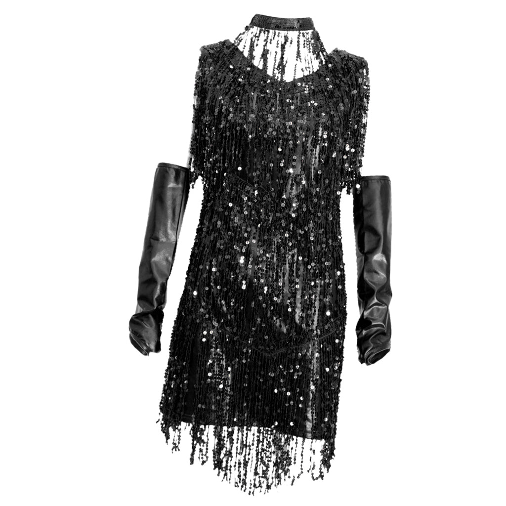 V Neck 1920s Sequin Fringe Charleston Flapper Dance Dresses Costumes M silver black