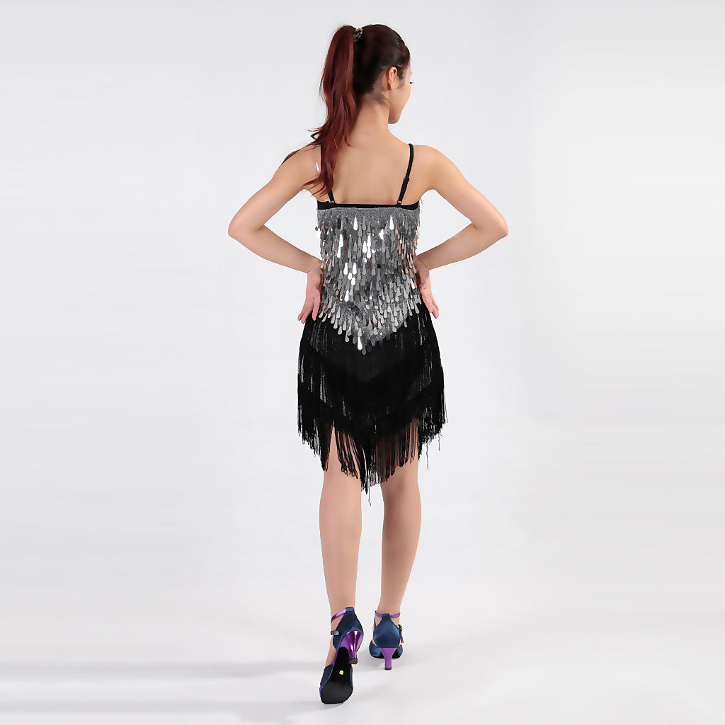 Women Latin Ballroom Dance Costume Sequins Tassel Sling Skirt Black Sliver
