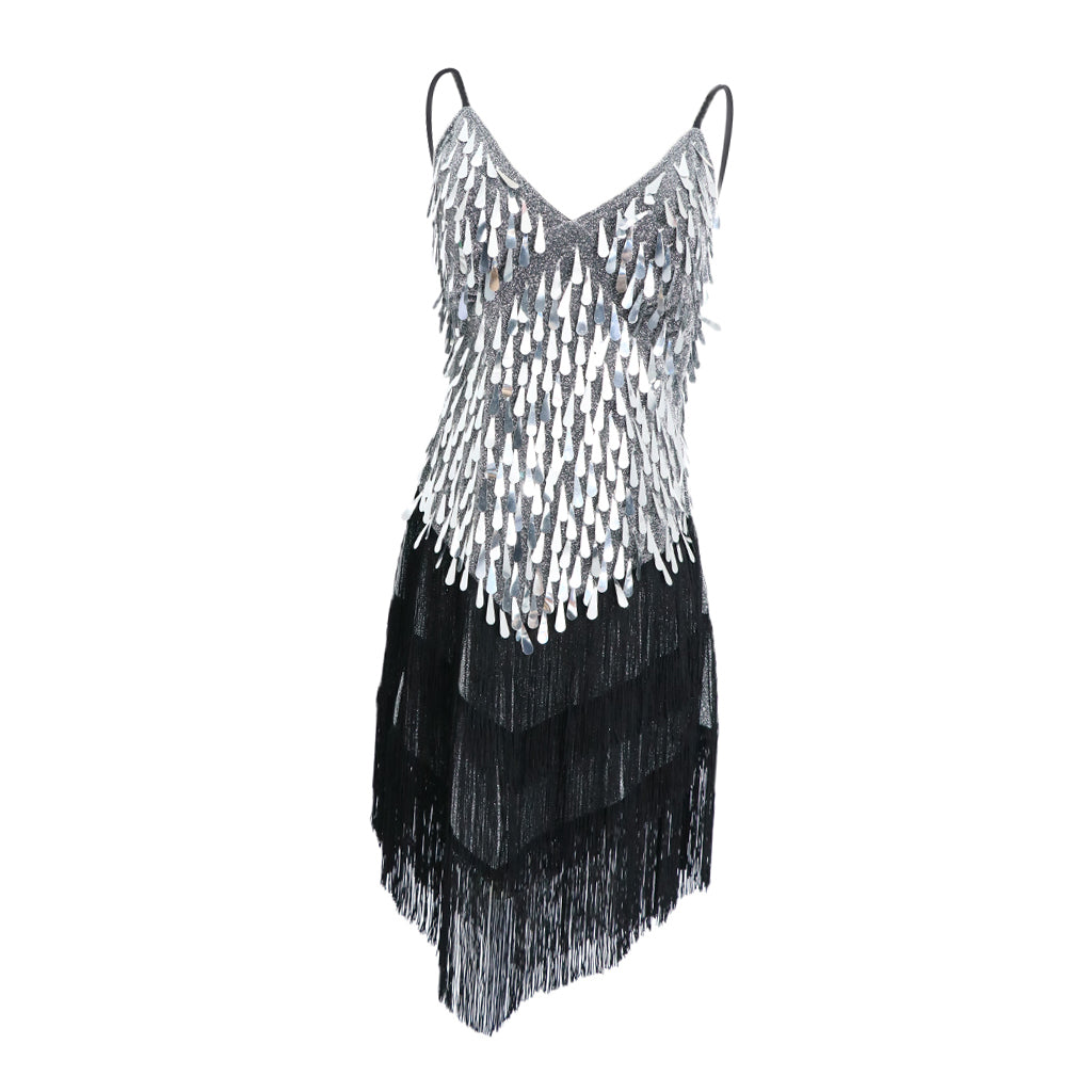 Women Latin Ballroom Dance Costume Sequins Tassel Sling Skirt Black Sliver