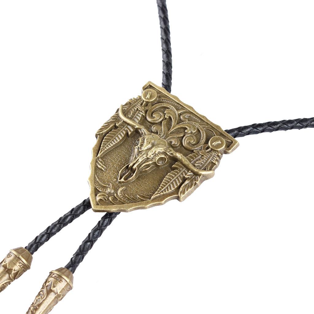 Vintage Men Aztec Western Cowboy Necktie Bolo Tie Bronze Tang Grass Pattern