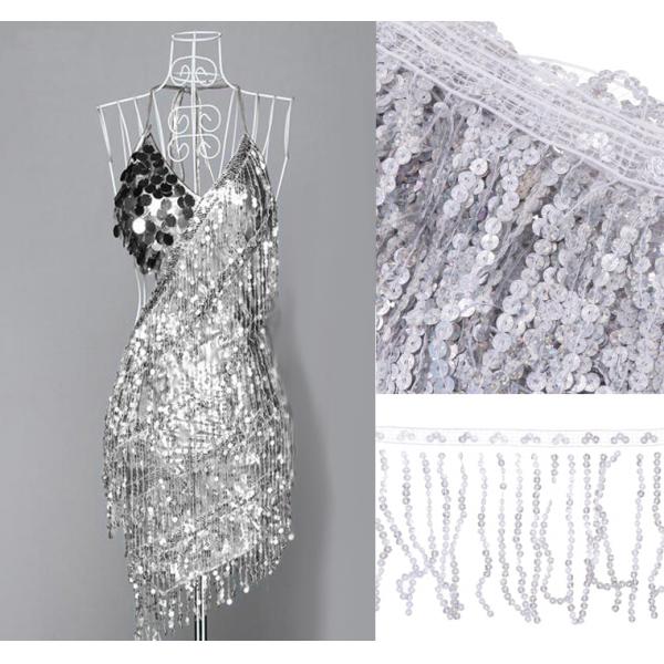 5.9m Sequin Tassel Trim Luxury Fringe Dancing Dress Sewing Material Fabric width 30cm Silver