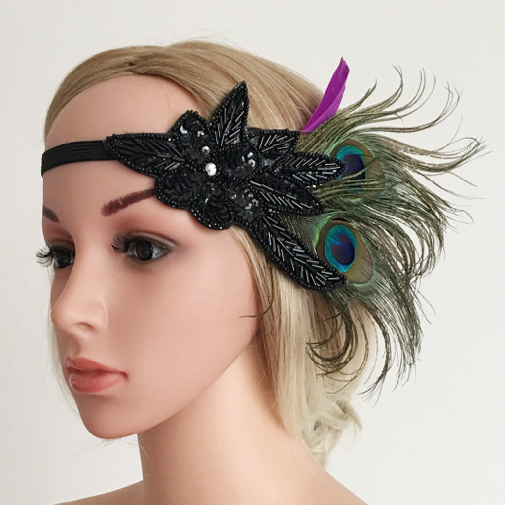 Women Girls Sequins Bridal Wedding 1920s Peacock Feather Headband Fascinator