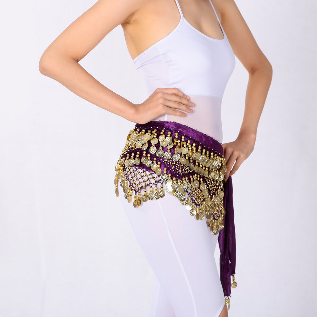Women's Belly Dance Hip Scarf Hip Skirt Waist Chain With Gold Coins Purple