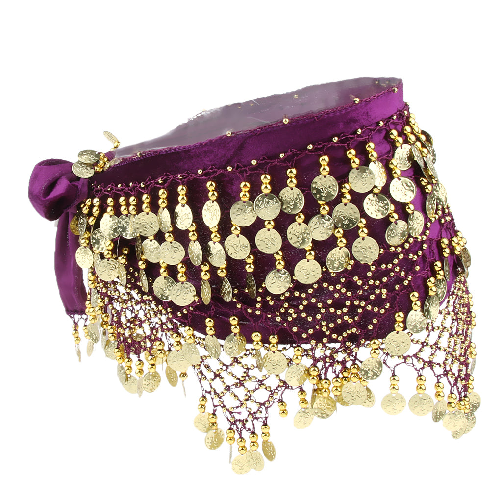 Women's Belly Dance Hip Scarf Hip Skirt Waist Chain With Gold Coins Purple