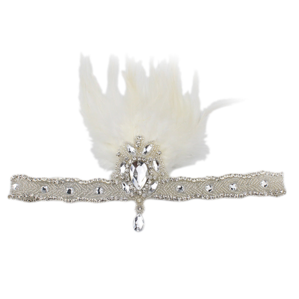 Ladies Retro Feather Elastic Crystal Accessory Headband for Party White