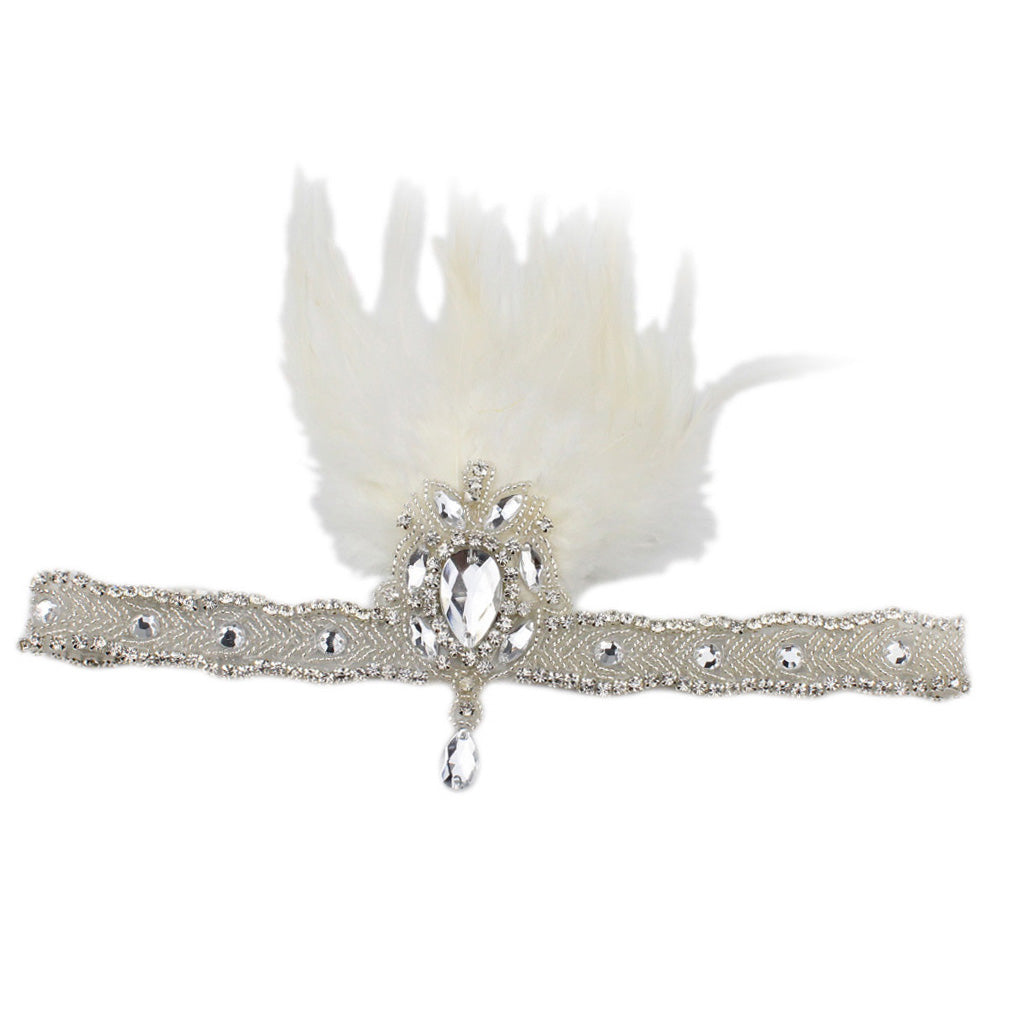 Ladies Retro Feather Elastic Crystal Accessory Headband for Party White