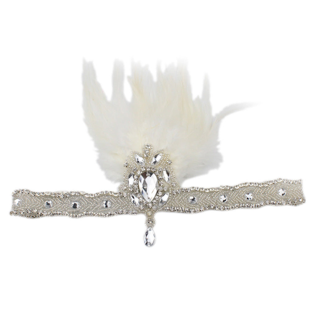 Ladies Retro Feather Elastic Crystal Accessory Headband for Party White