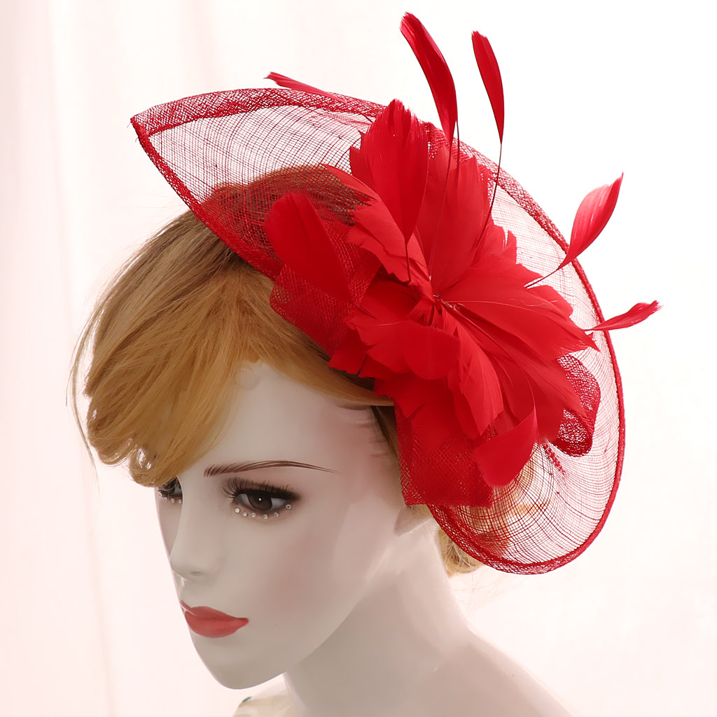 Women's Vintage Flower Feather Mesh Net Fascinator Hair Clip Hat Party Red