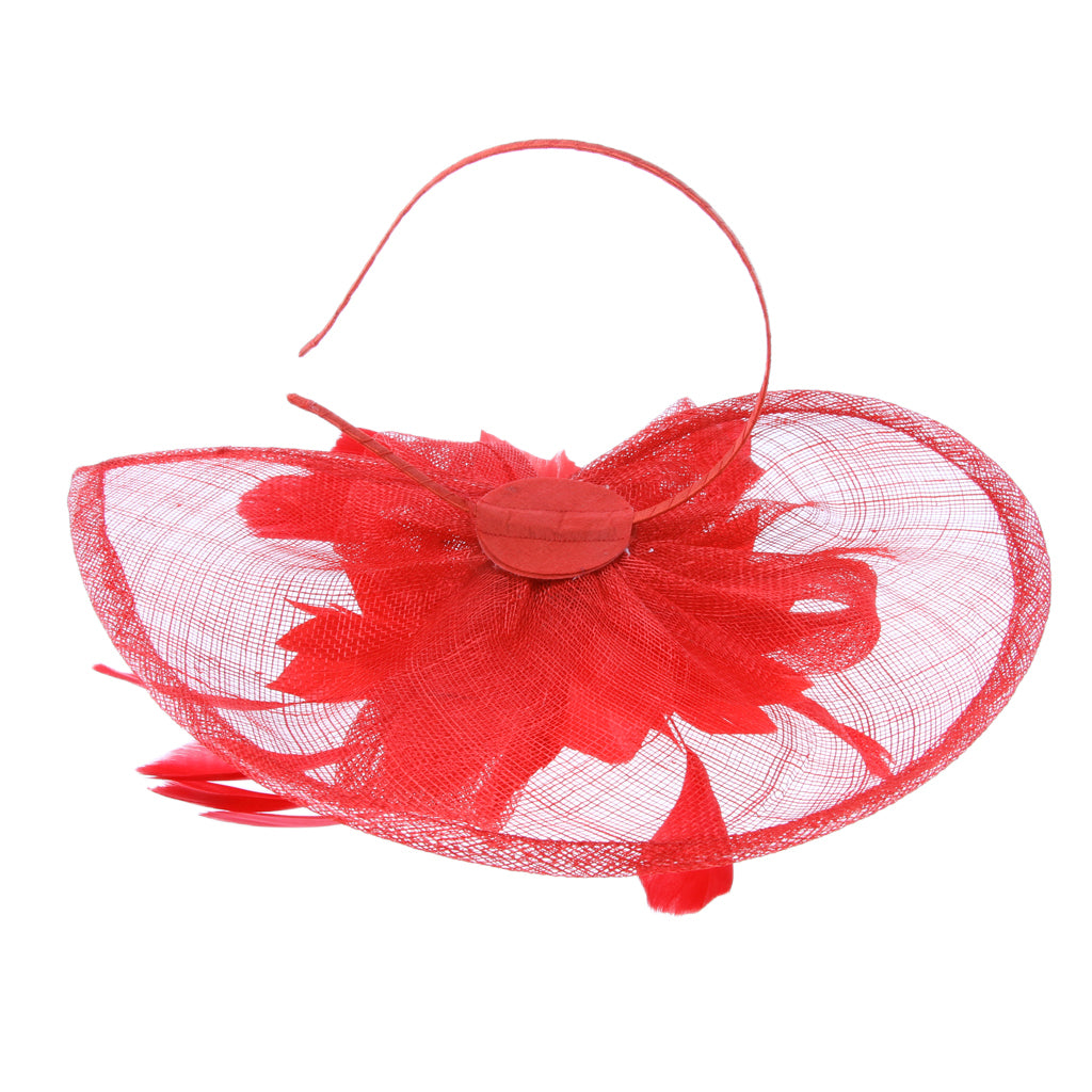 Women's Vintage Flower Feather Mesh Net Fascinator Hair Clip Hat Party Red