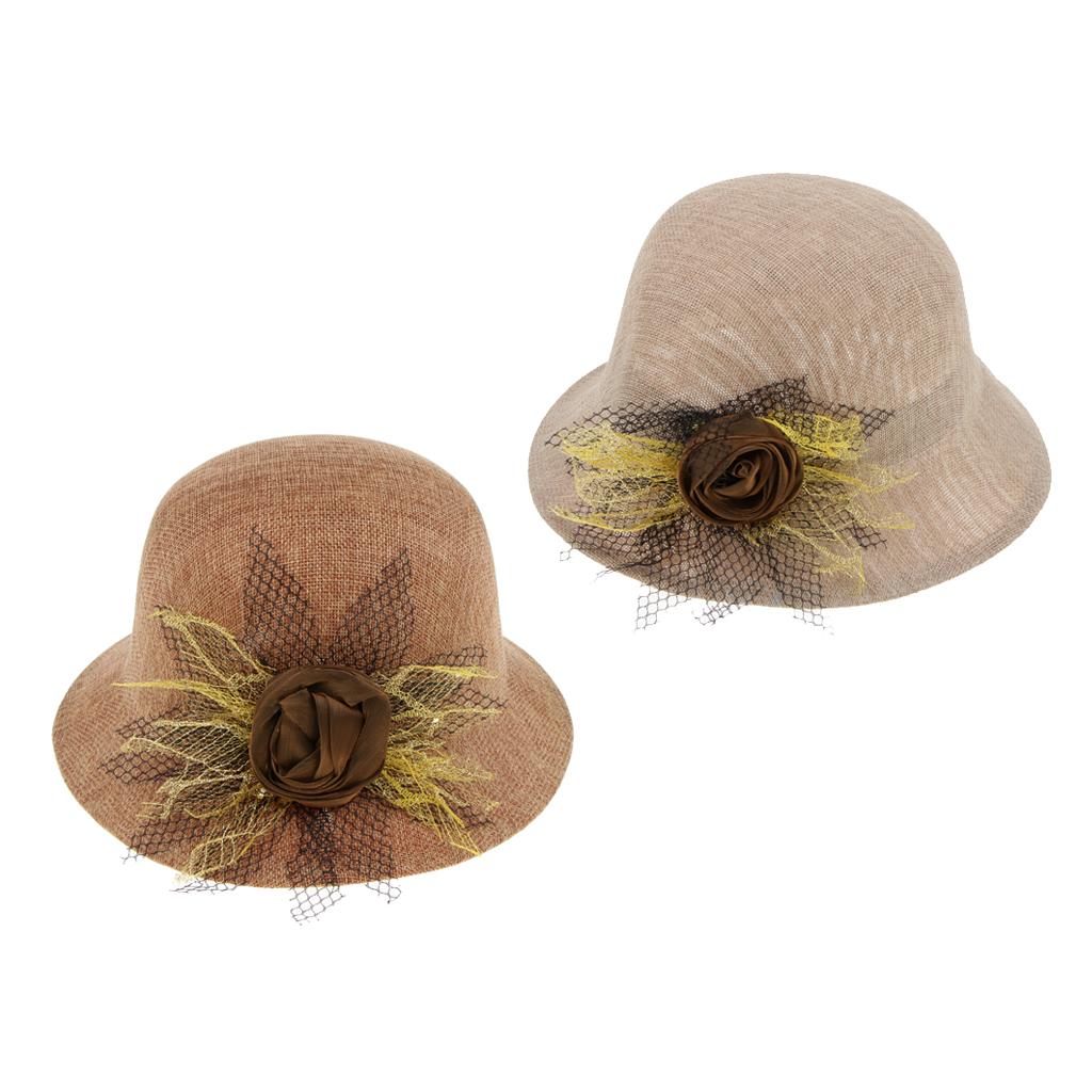 Ladies Flax Fashion Straw Beach Fisherman Sunhat Flower Billycock Cap Khaki