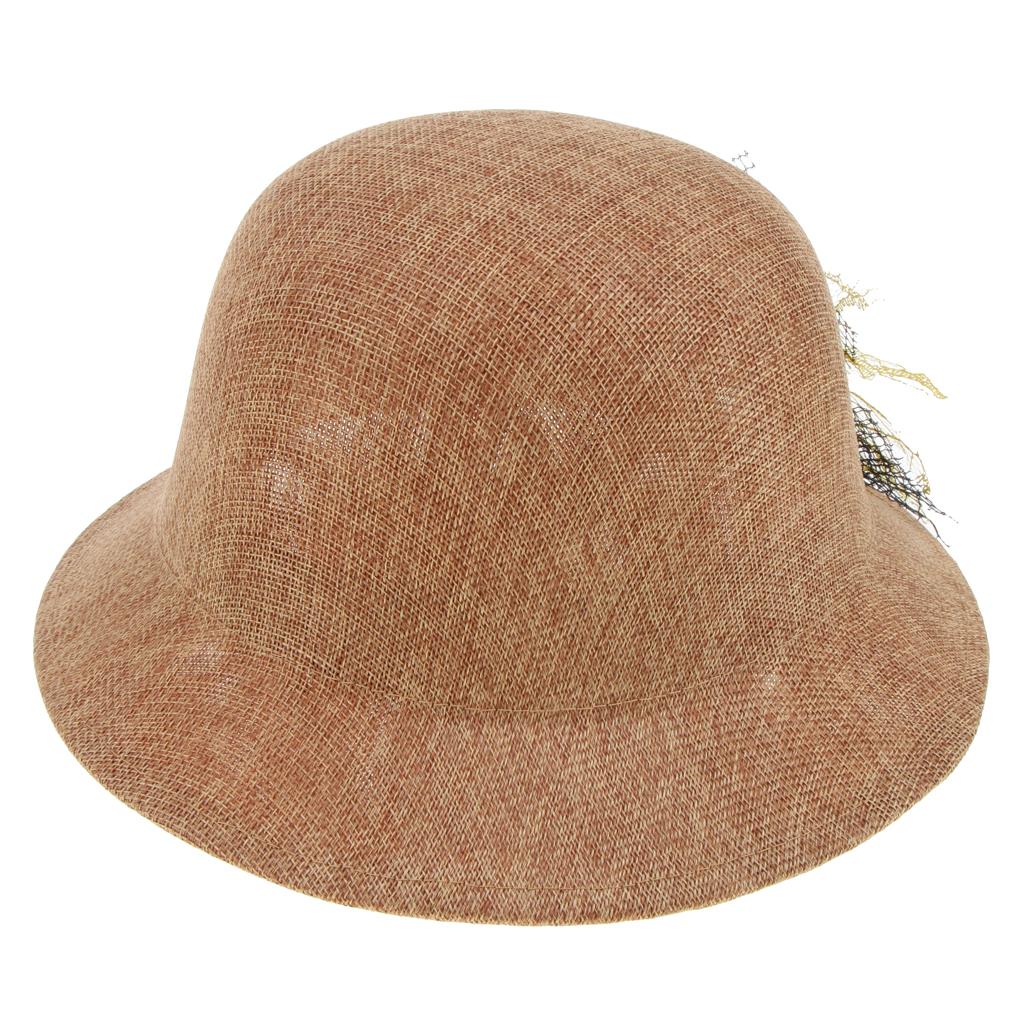 Ladies Flax Fashion Straw Beach Fisherman Sunhat Flower Billycock Cap Khaki