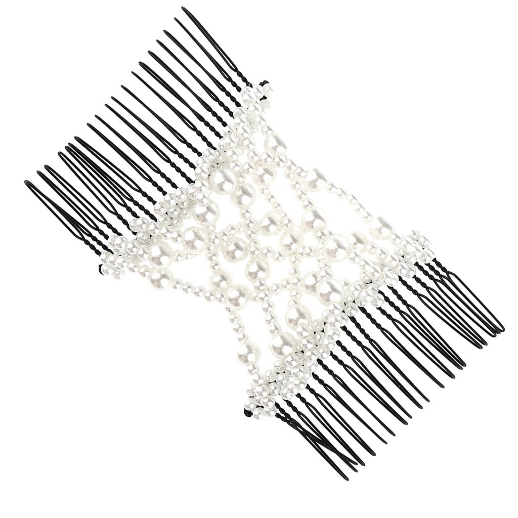 White Stretch Pearl Combs Beaded Hairpin Bow Hair Head Comb Cuff Double Clip