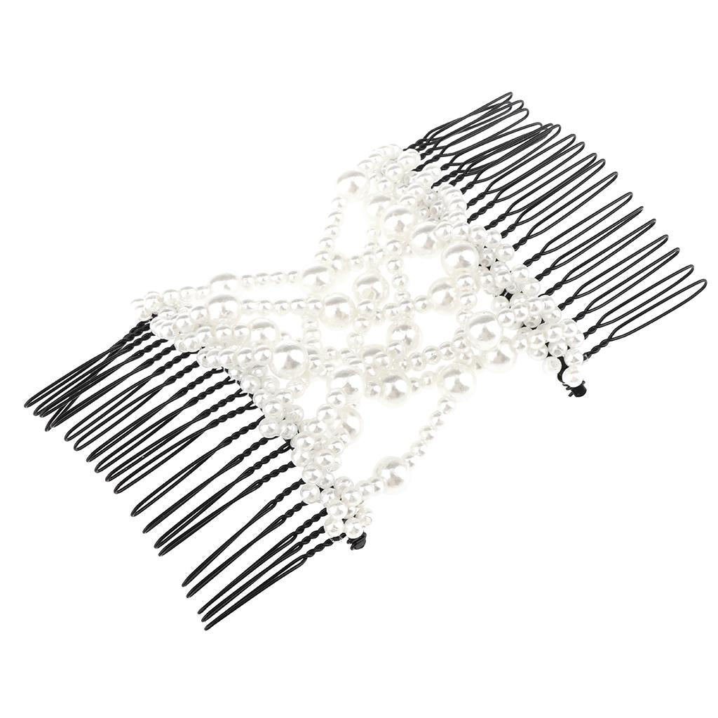 White Stretch Pearl Combs Beaded Hairpin Bow Hair Head Comb Cuff Double Clip