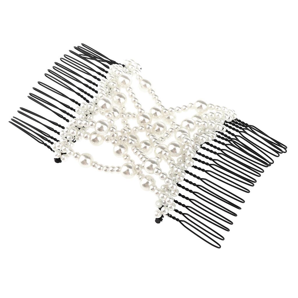 White Stretch Pearl Combs Beaded Hairpin Bow Hair Head Comb Cuff Double Clip