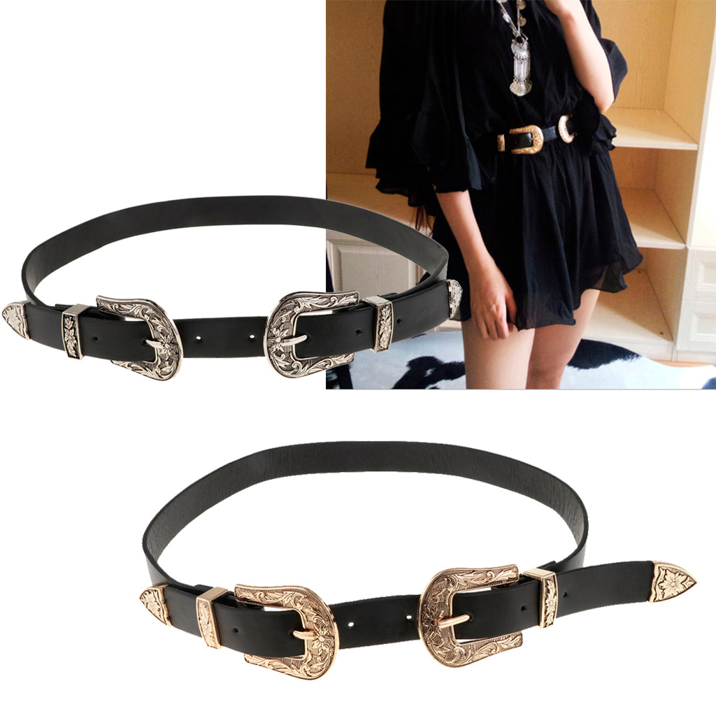 Vintage Womens Double Pin buckle Adjustable Leather Jeans Dress Belt Gold